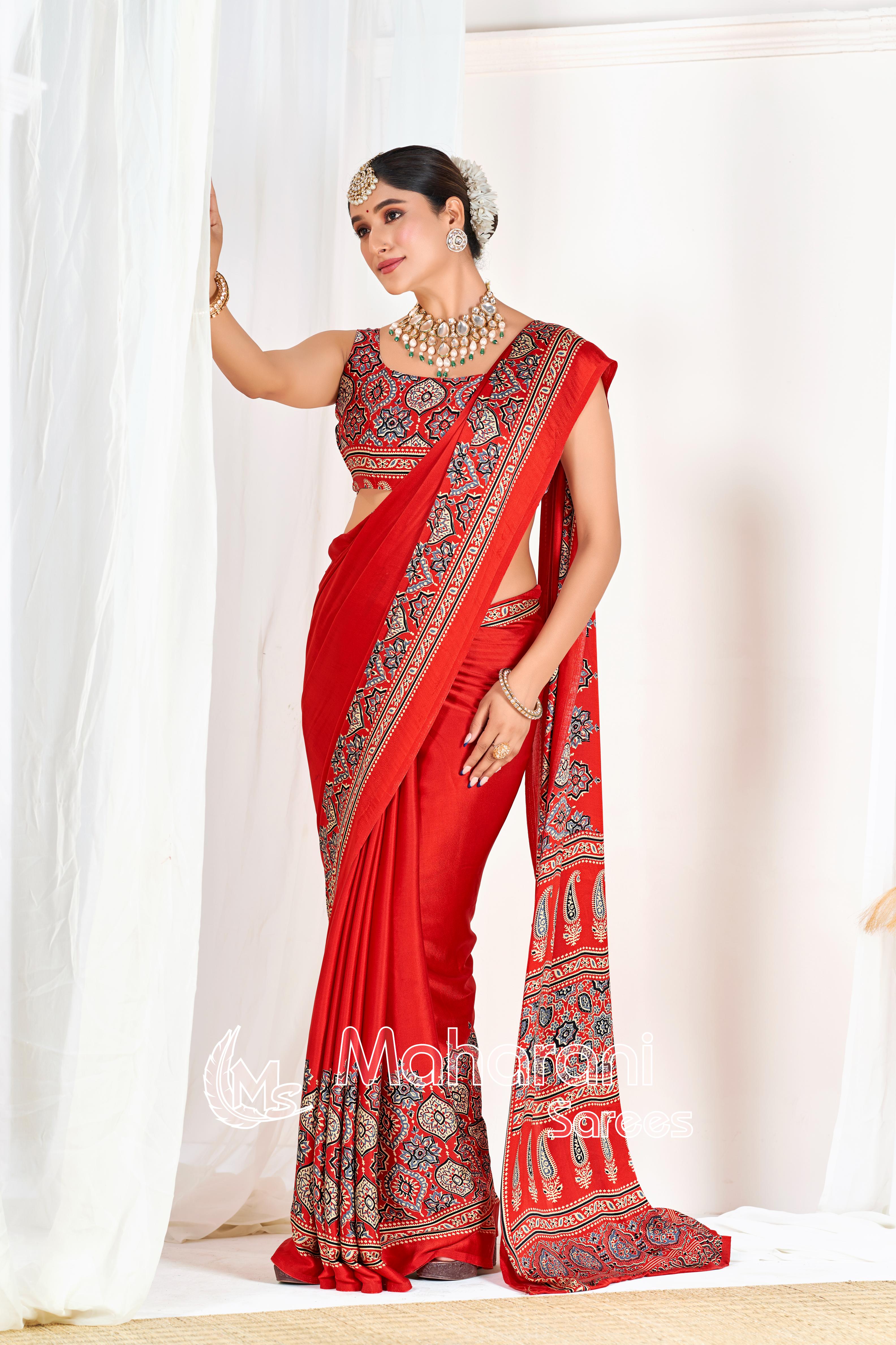 Red Ajrakh Printed Modal Silk Plain Saree With Ajrakh Blouse