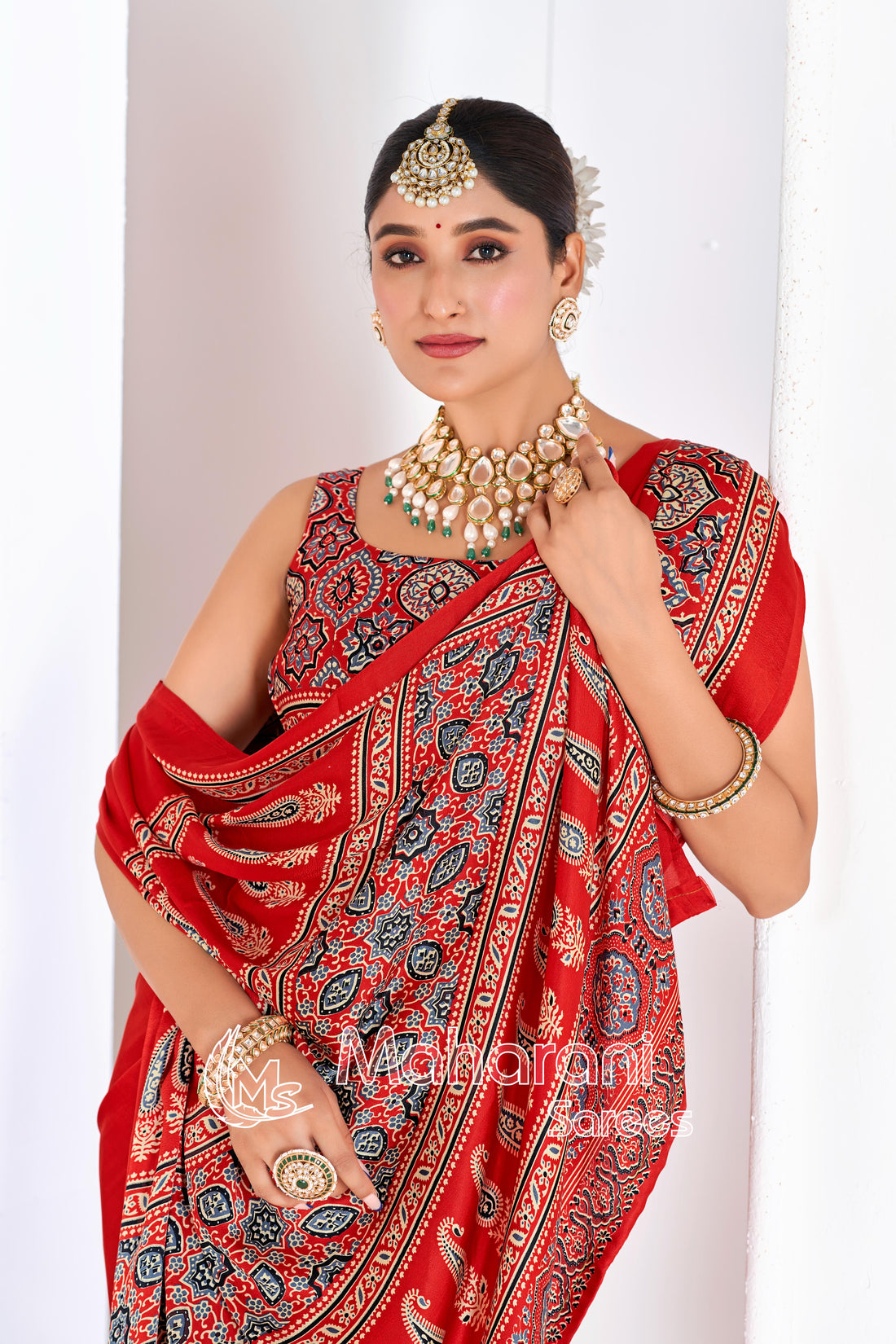 Red Ajrakh Printed Modal Silk Plain Saree With Ajrakh Blouse