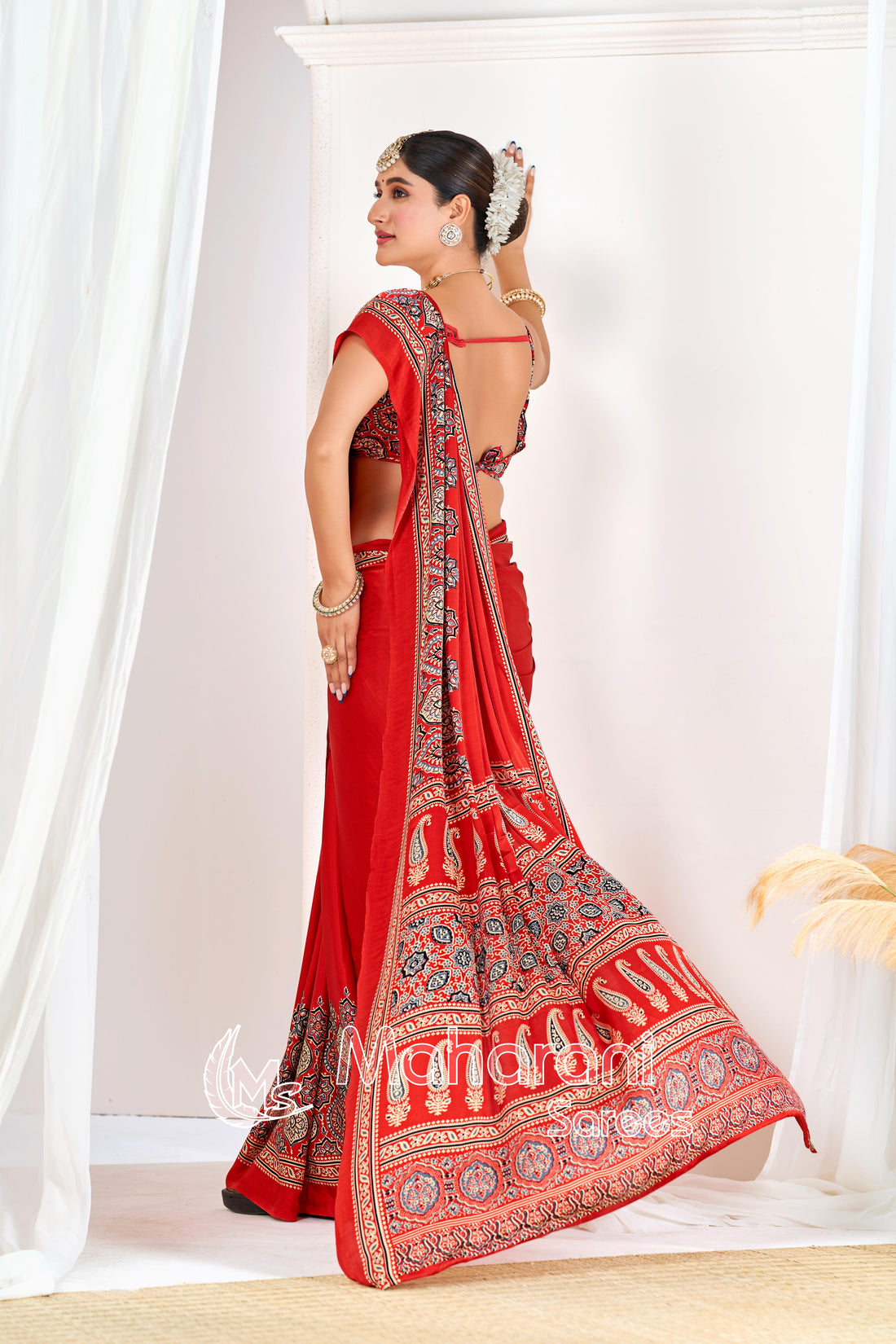 Red Ajrakh Printed Modal Silk Plain Saree With Ajrakh Blouse