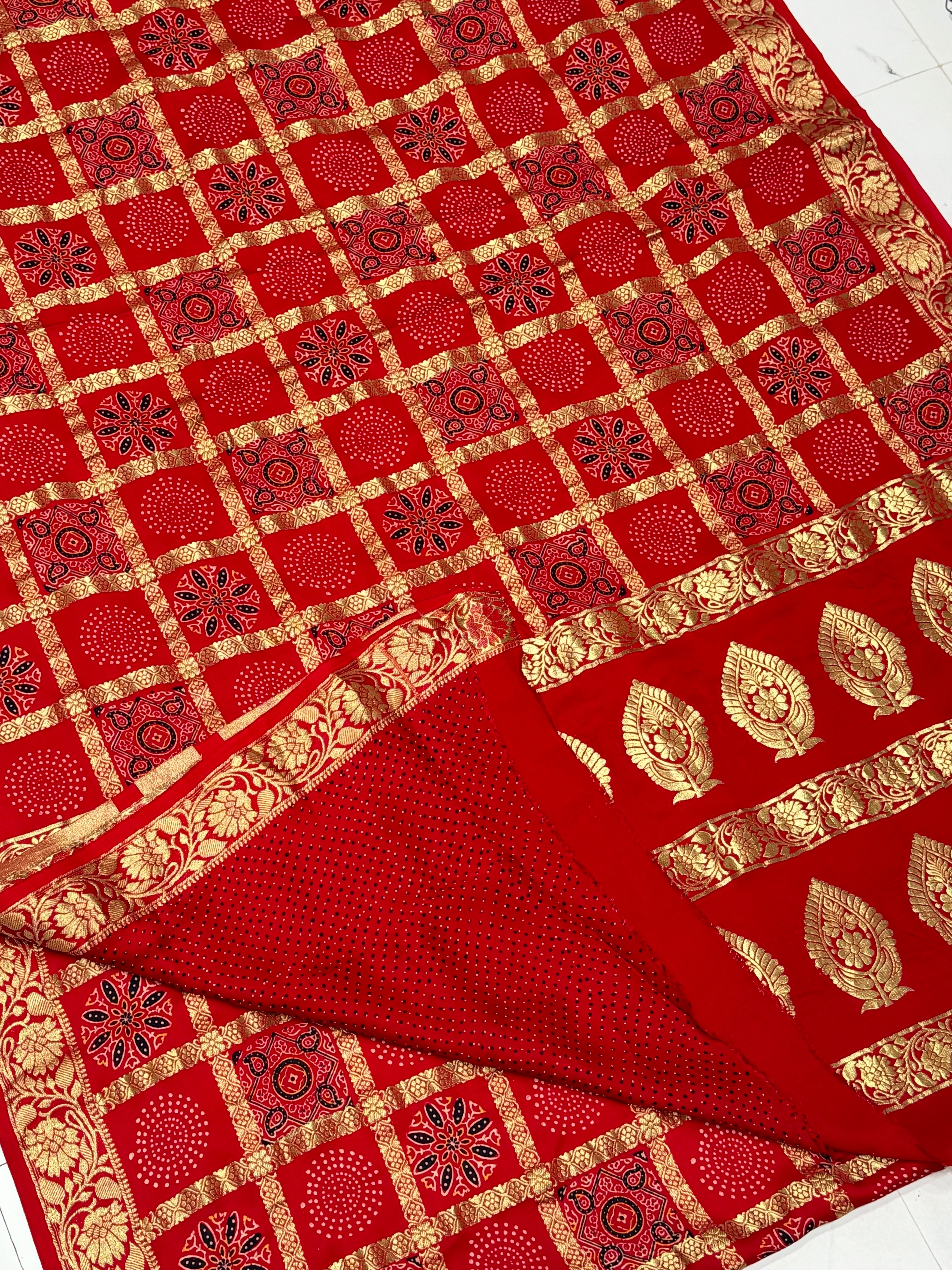 Scarlet Red Gharchola Nakshi Chex Ajrakh Saree