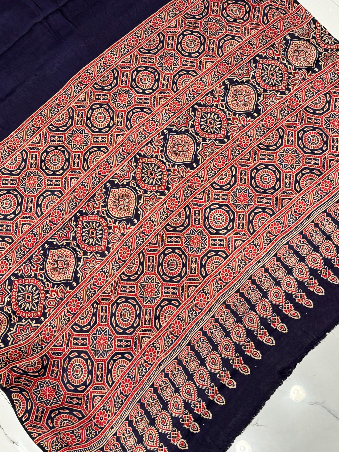 Blue Ajrakh Hand Block Modal Silk Saree With Fancy Ajrakh Pallu and Border