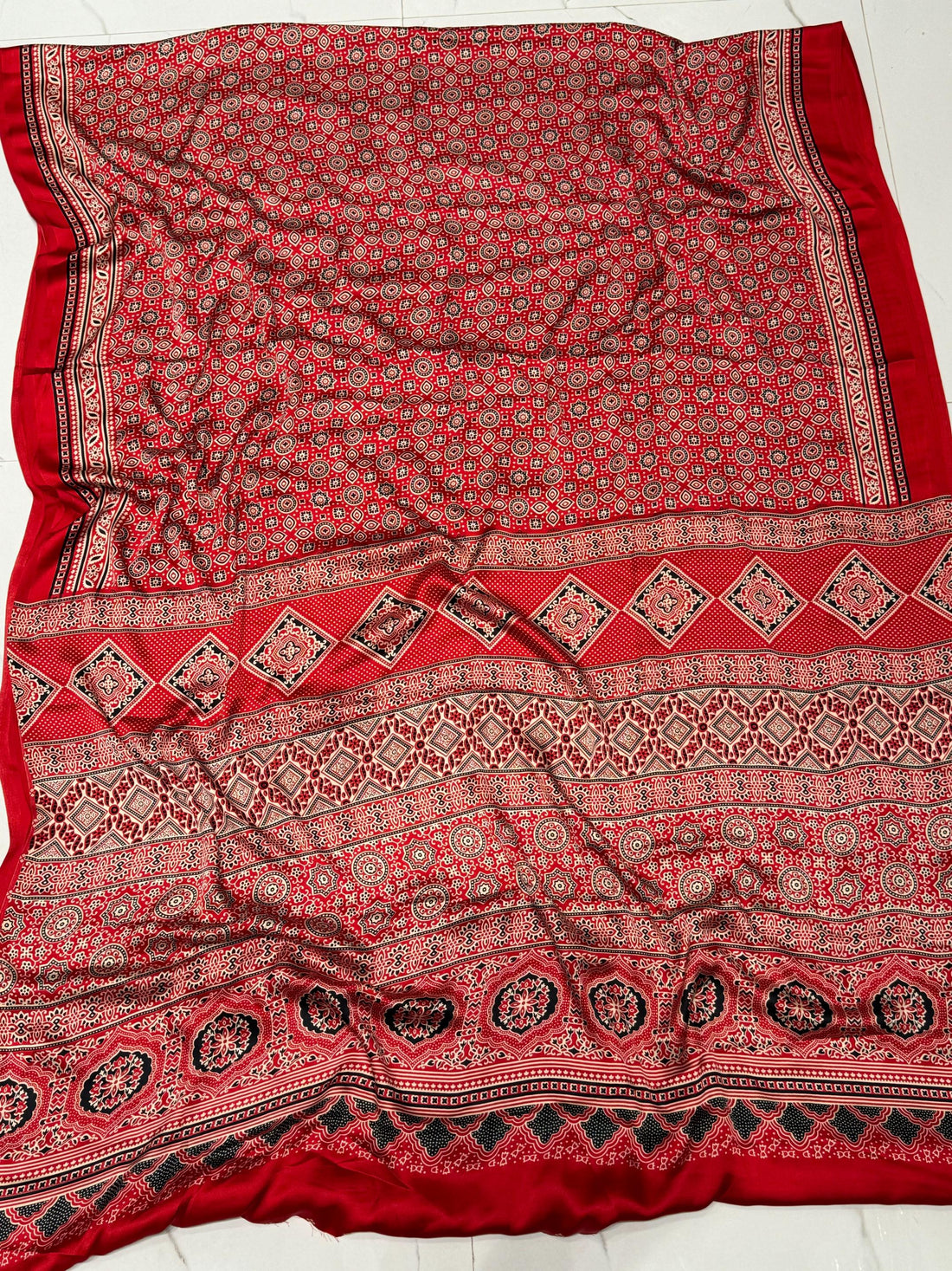 Red Ajrakh Printed Soft Modal Silk Natural Print Saree P1