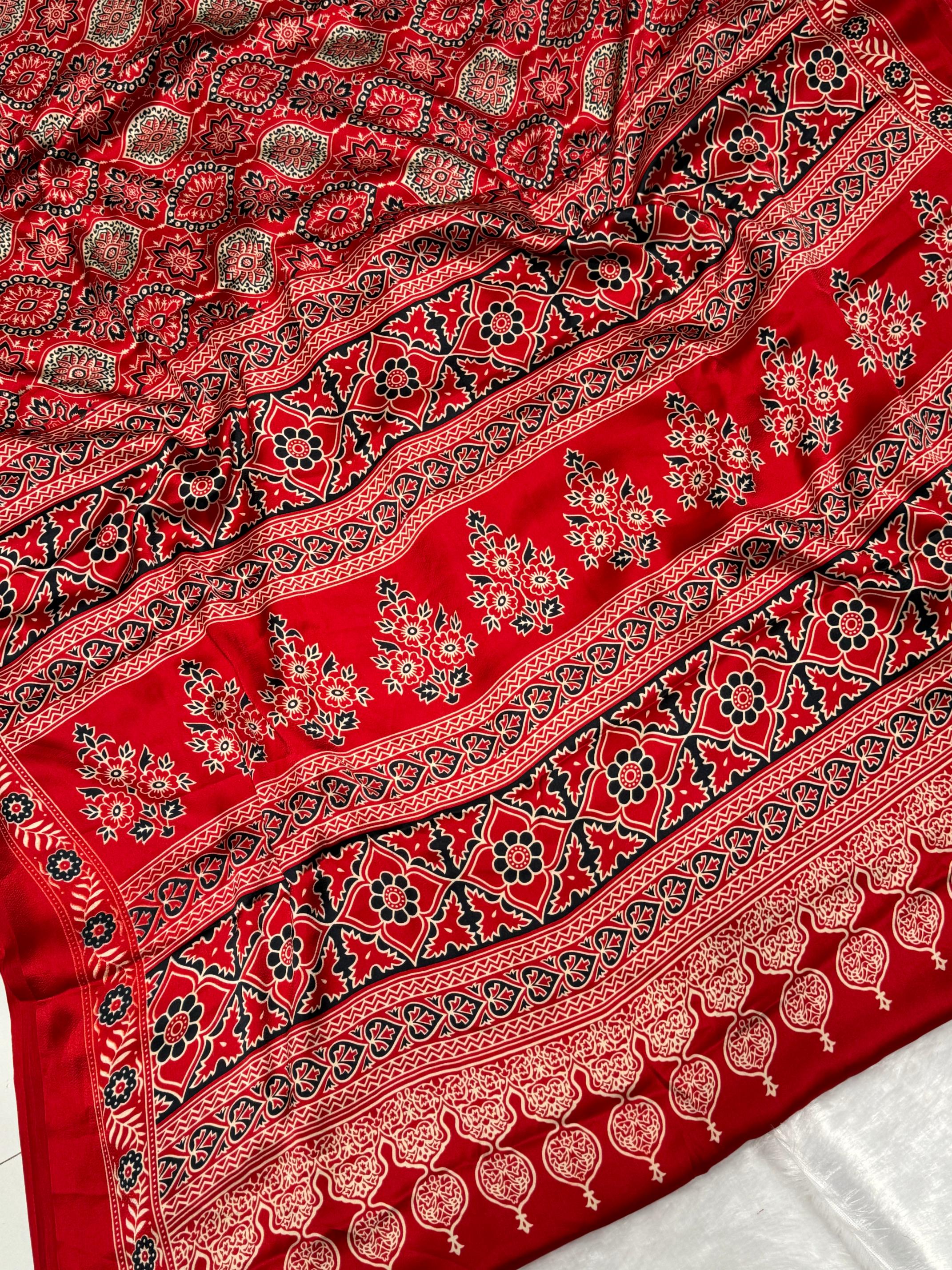 Red Ajrakh Printed Soft Modal Silk Natural Print Saree P2