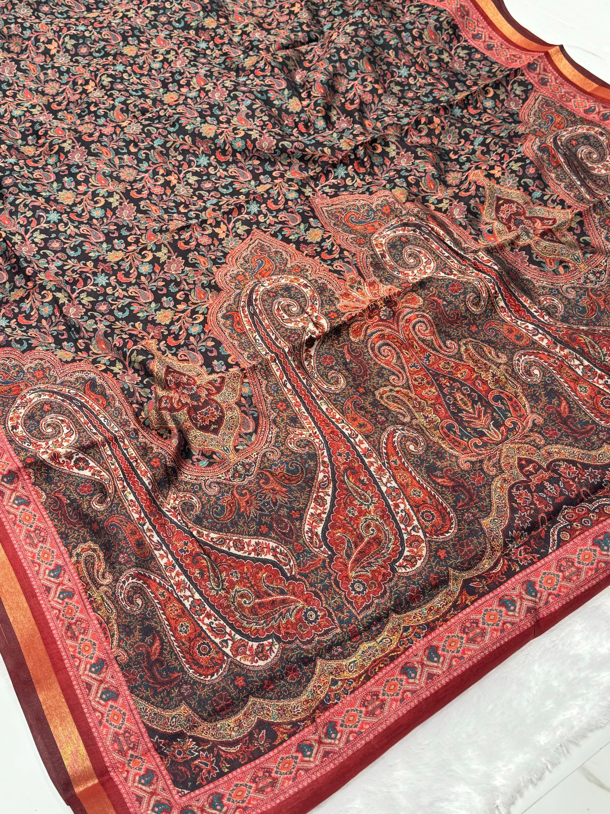 Black Ajrakh With Kalamkari Design Hand Block Print Maslin silk Saree K10