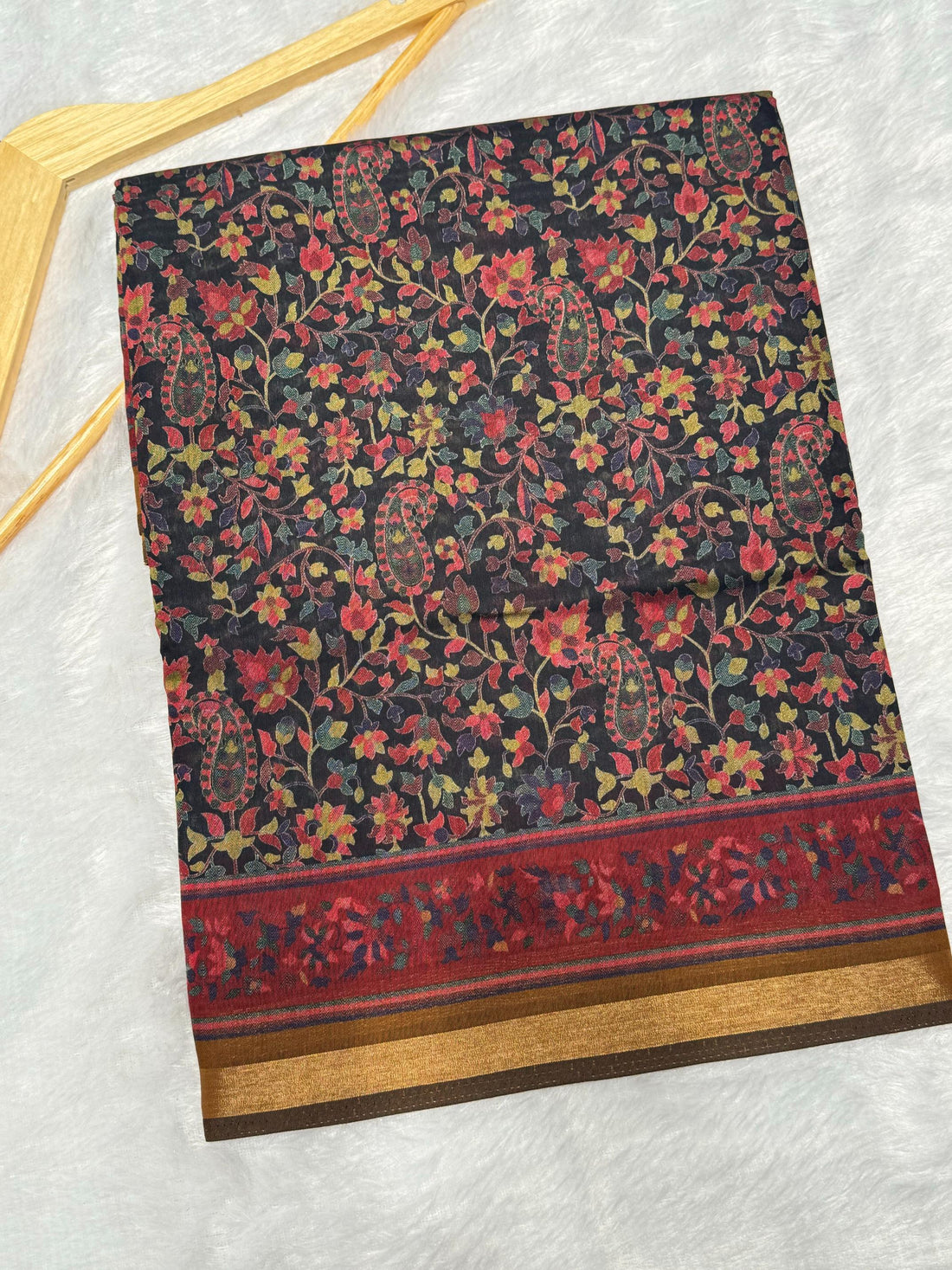 Black Ajrakh With Kalamkari Design Hand Block Print Maslin silk Saree K11