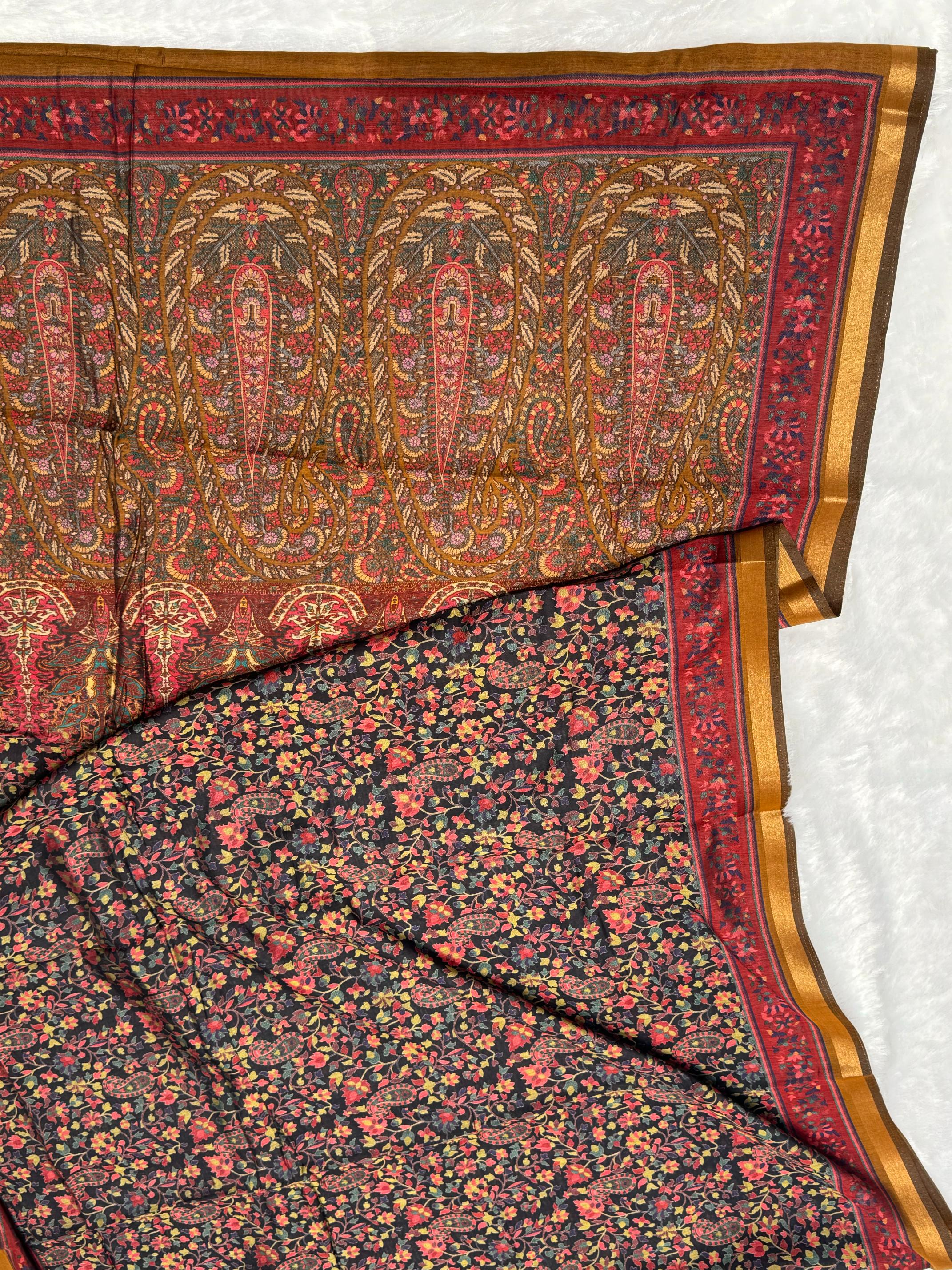 Black Ajrakh With Kalamkari Design Hand Block Print Maslin silk Saree K11