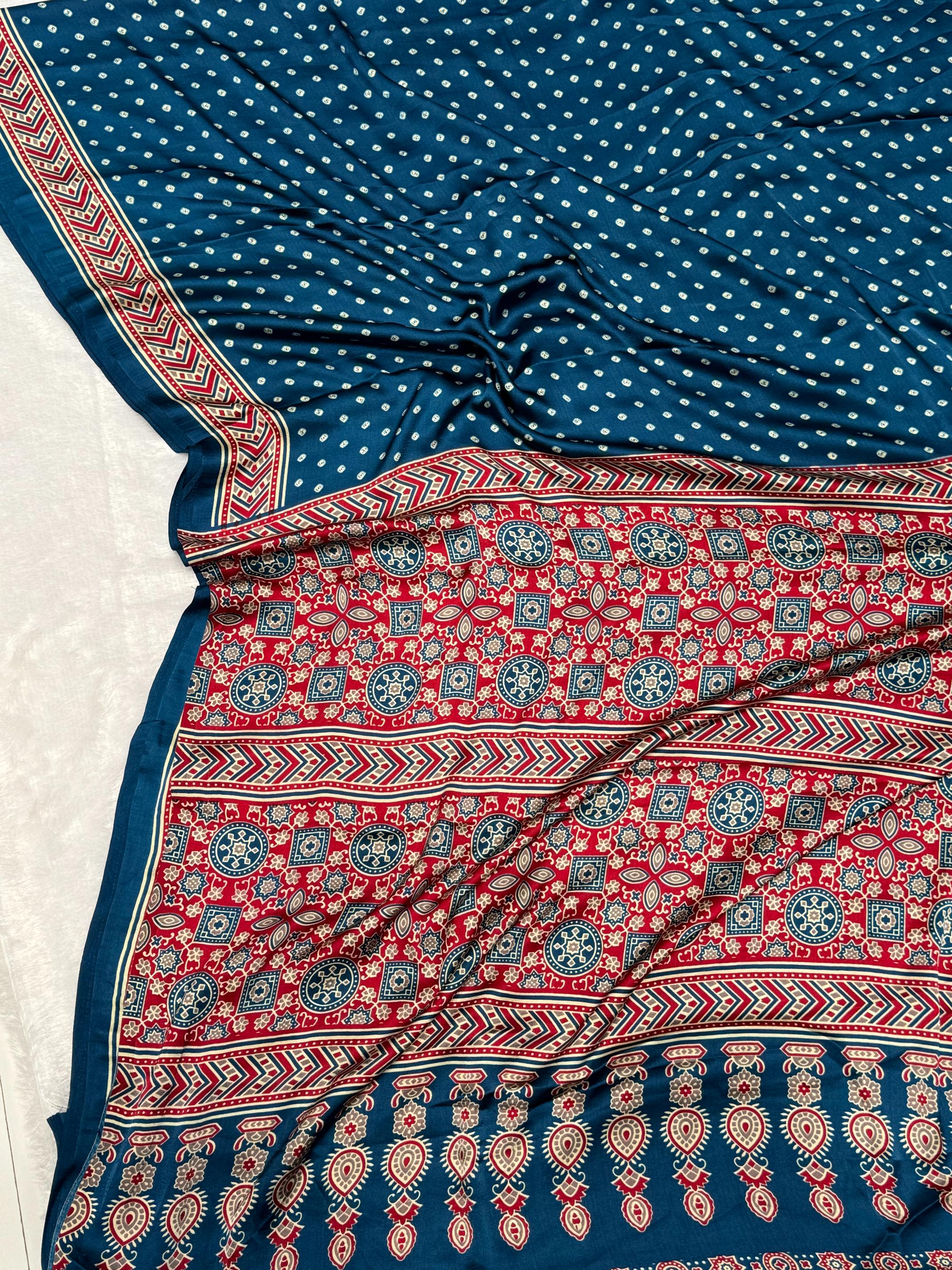 Morpich Bandhani With Ajrakh Printed Soft Modal Silk Natural Print Saree P3