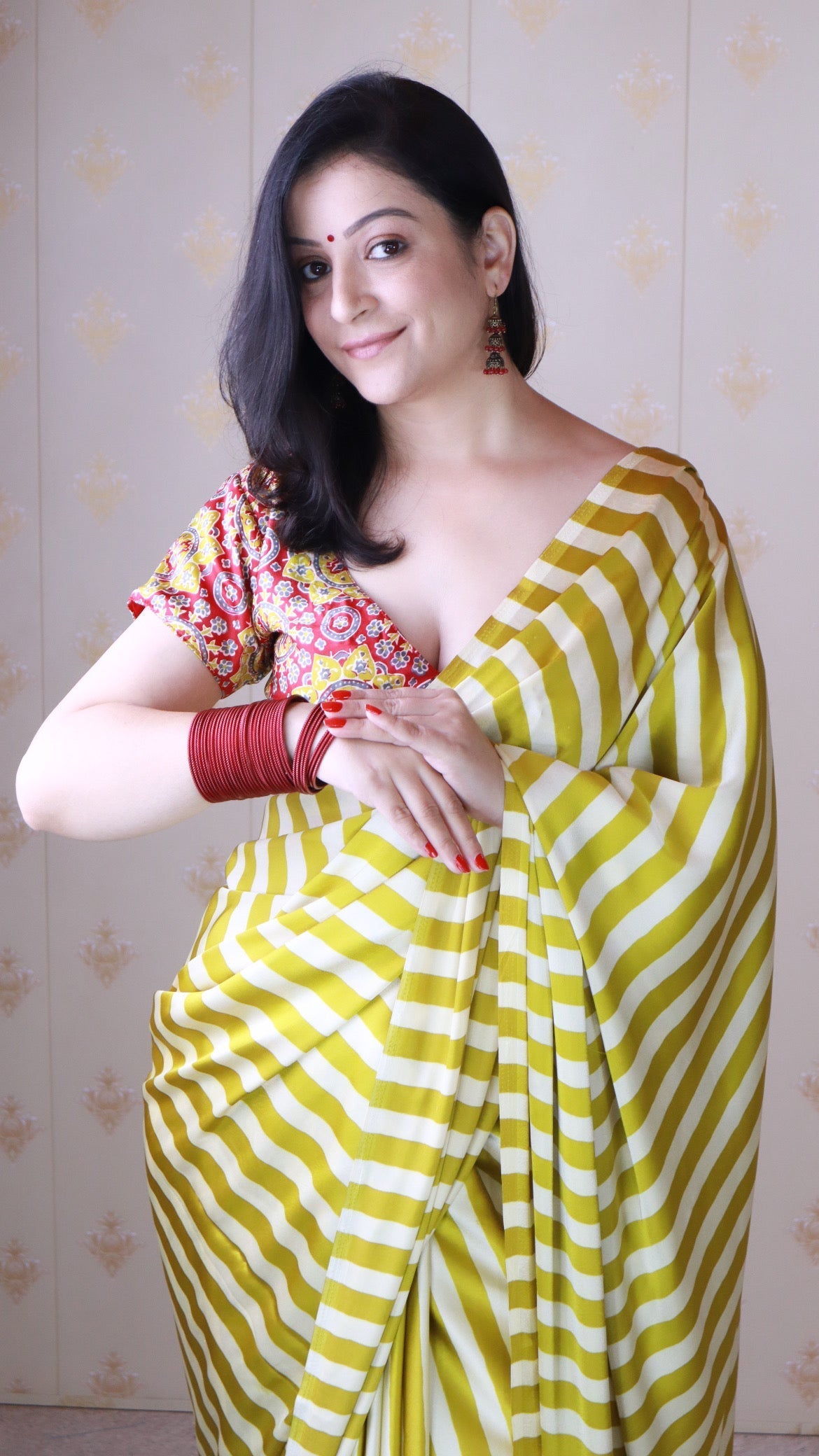 Mustard Yellow Striped Ajrakh Hand-Printed Modal Silk Saree