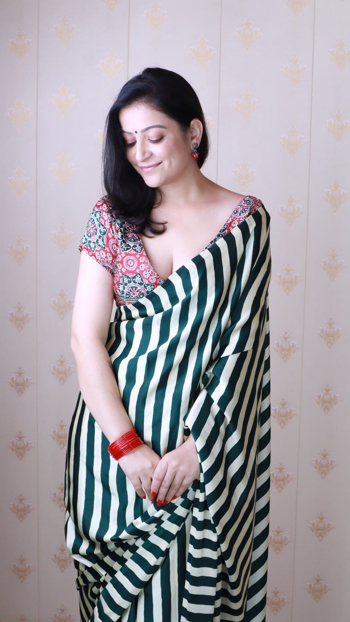 Classic Green Striped Ajrakh Hand-Printed Modal Silk Saree