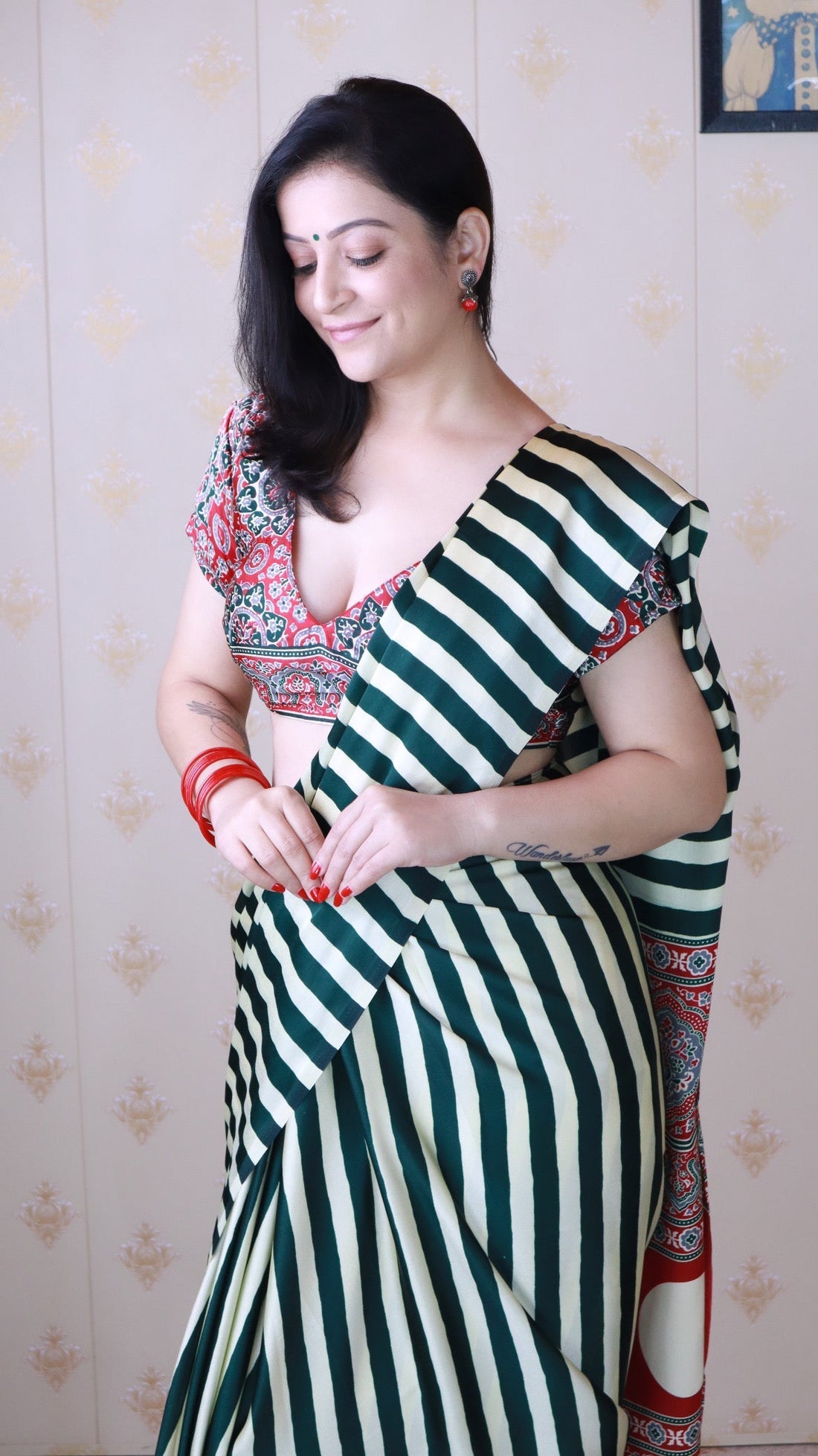 Classic Green Striped Ajrakh Hand-Printed Modal Silk Saree