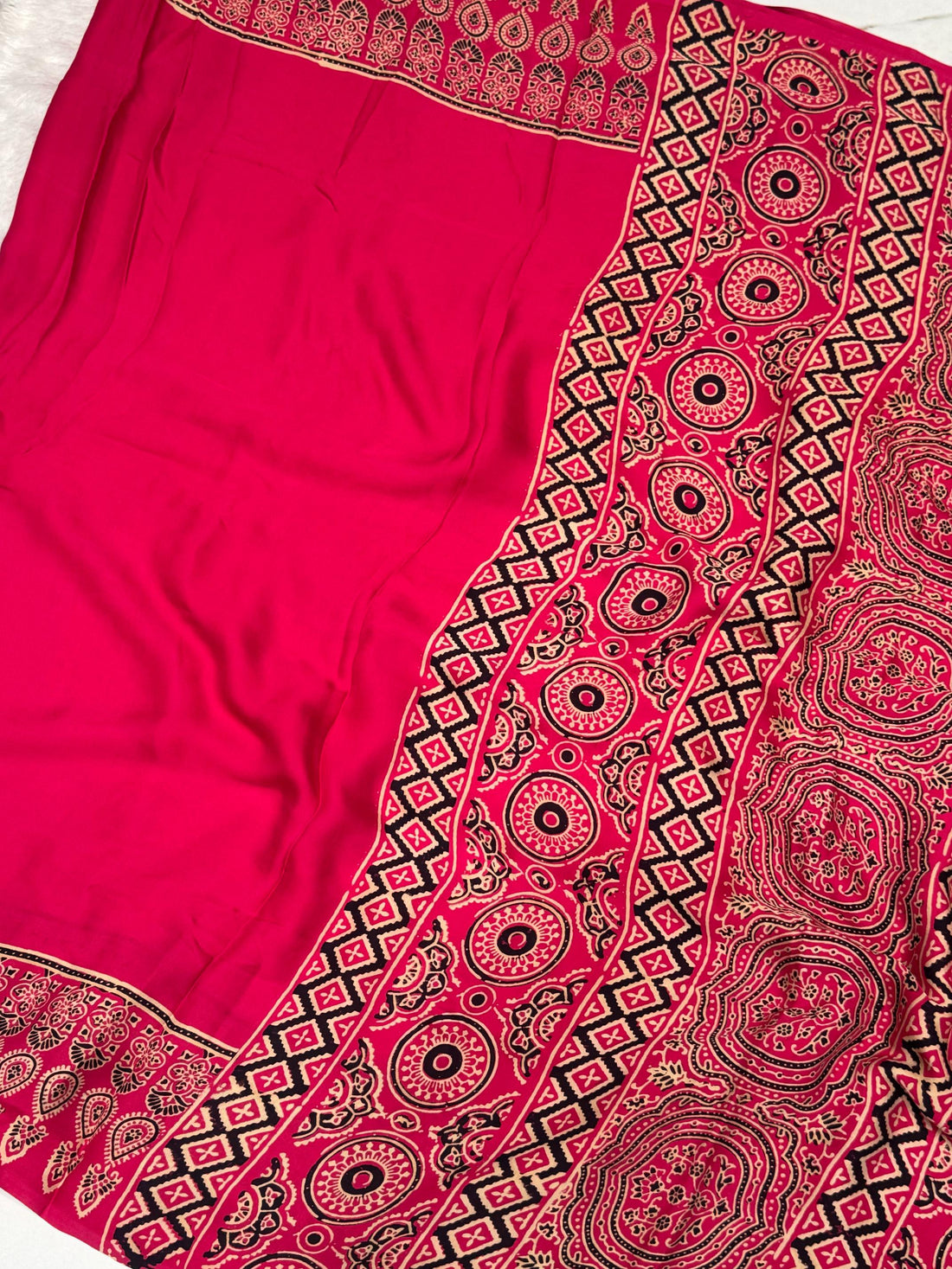 Rani Ajrakh Hand Block Modal Silk Plain Saree With Fancy Zari pallu