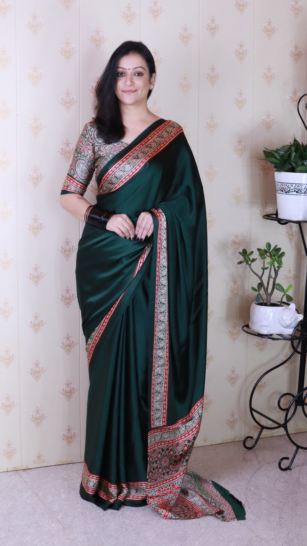 Richness Green Ajrakh Hand-Printed Modal Silk Saree With Blouse