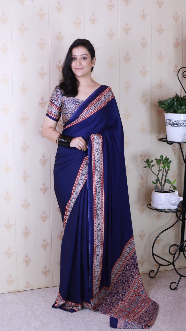 Pretty Blue Ajrakh Hand-Printed Modal Silk Saree With Blouse