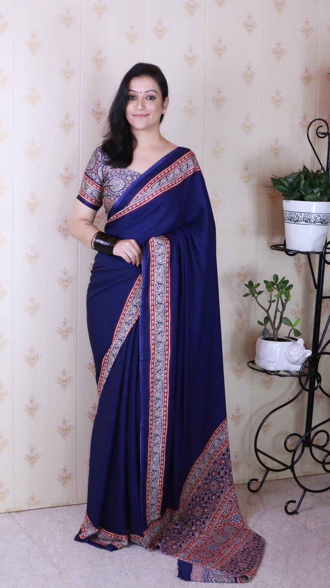 Pretty Blue Ajrakh Hand-Printed Modal Silk Saree With Blouse