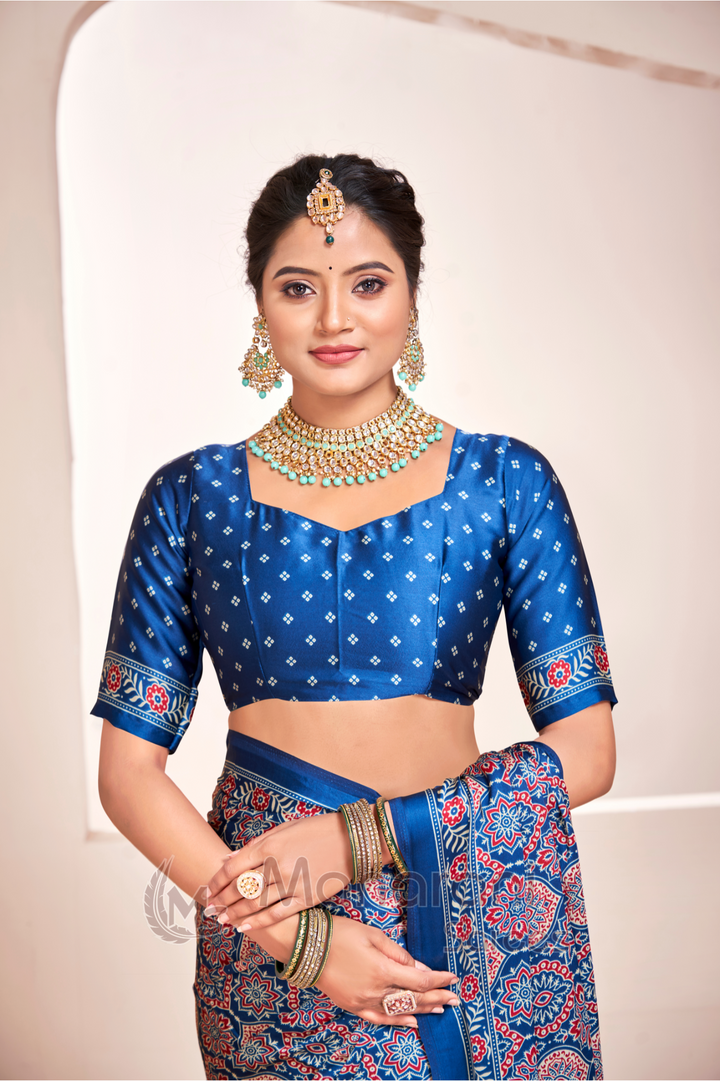 Indigo Ajrakh Printed Soft Modal Silk Natural Print Saree P2-1