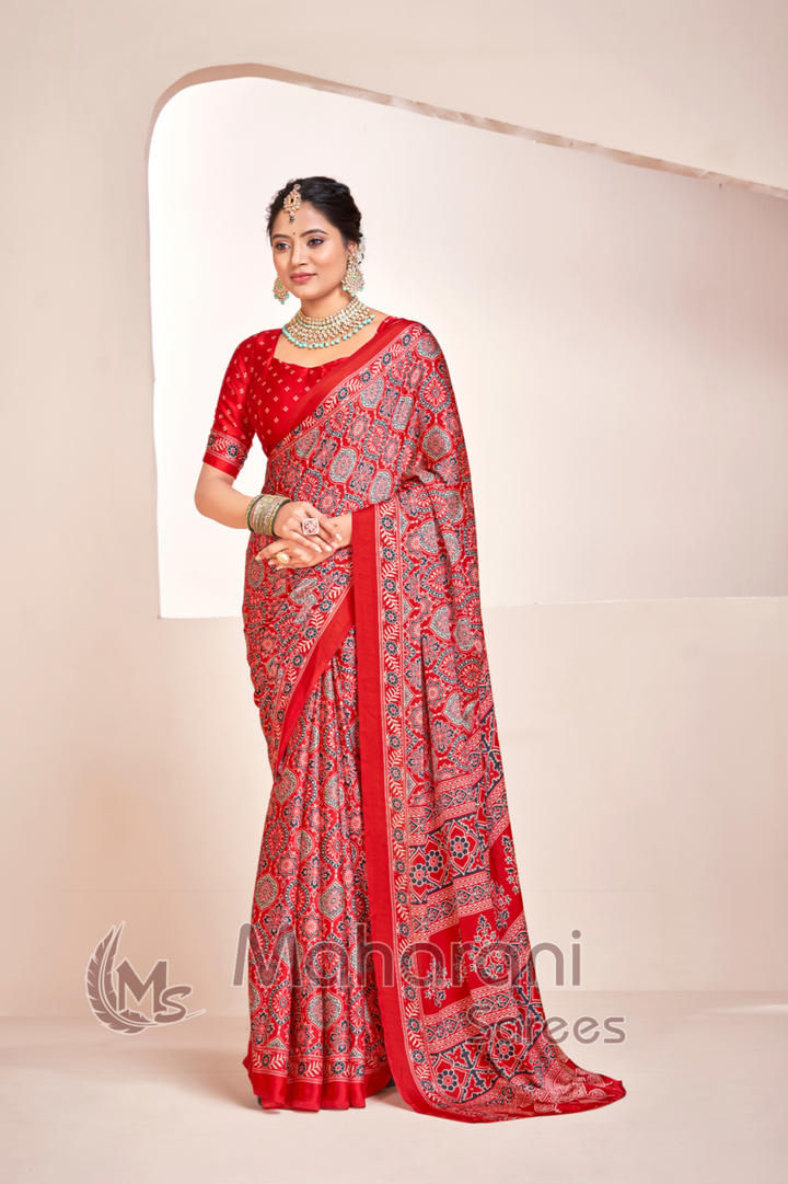 Red Ajrakh Printed Soft Modal Silk Natural Print Saree P2-1