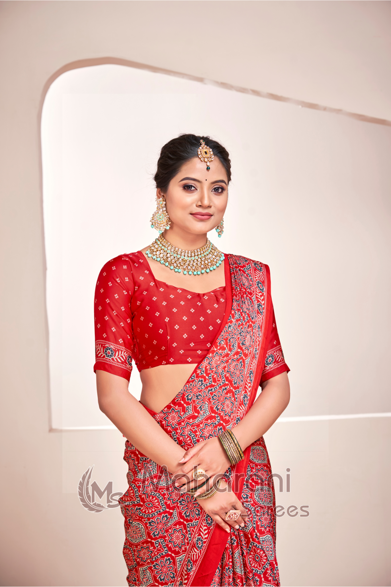 Red Ajrakh Printed Soft Modal Silk Natural Print Saree P2-1