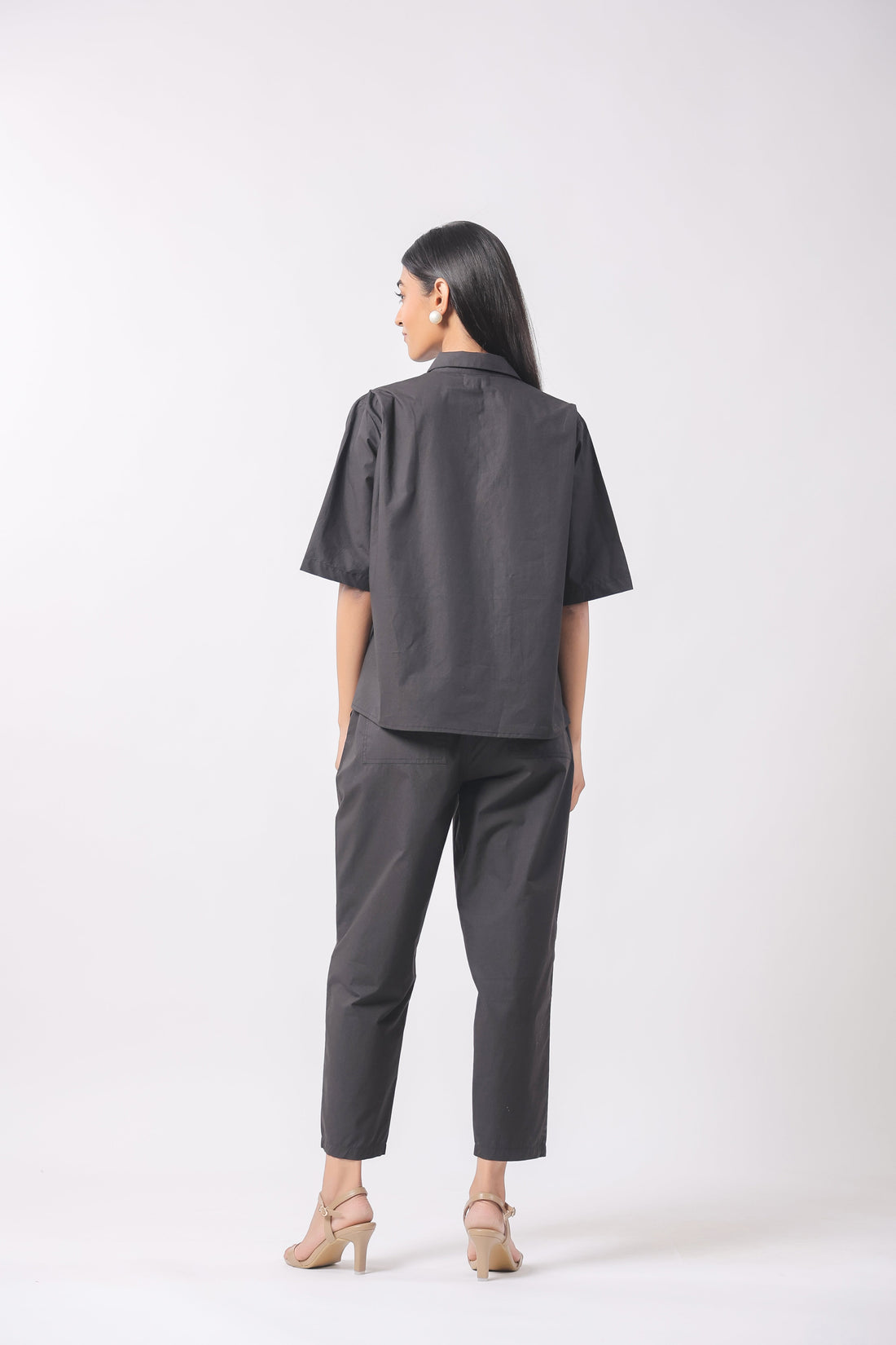 Women Black Solid Cotton Half Sleeve Shirt Collar Co-Ord Set