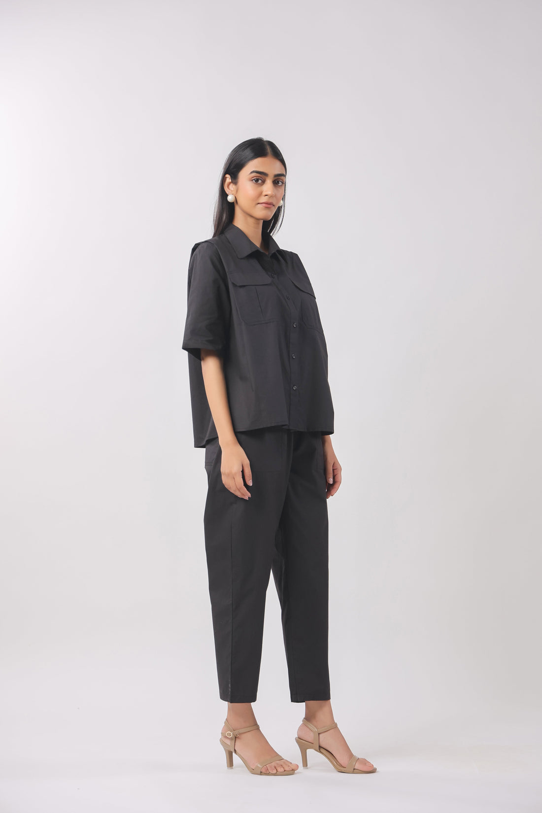 Women Black Solid Cotton Half Sleeve Shirt Collar Co-Ord Set