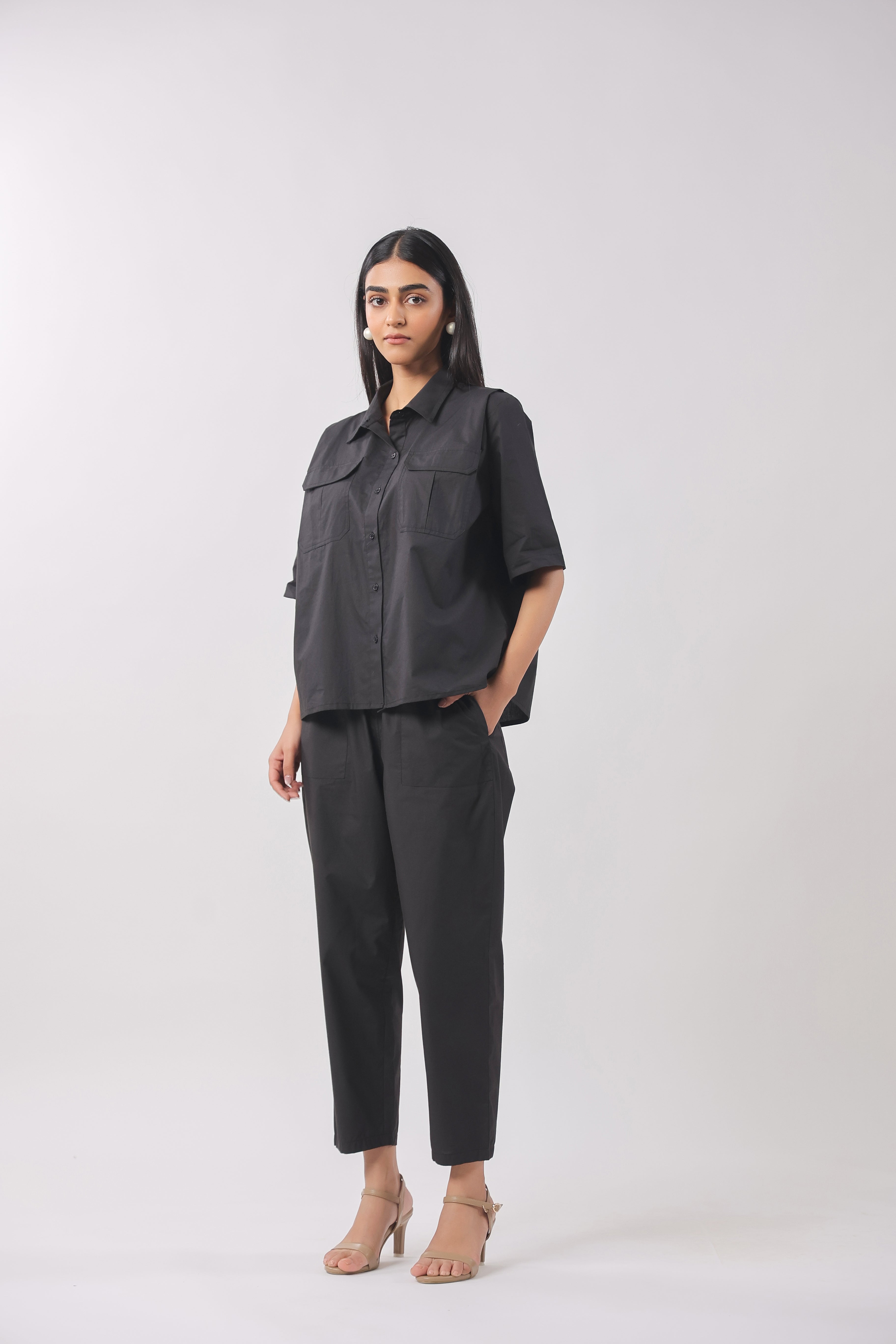 Women Black Solid Cotton Half Sleeve Shirt Collar Co-Ord Set