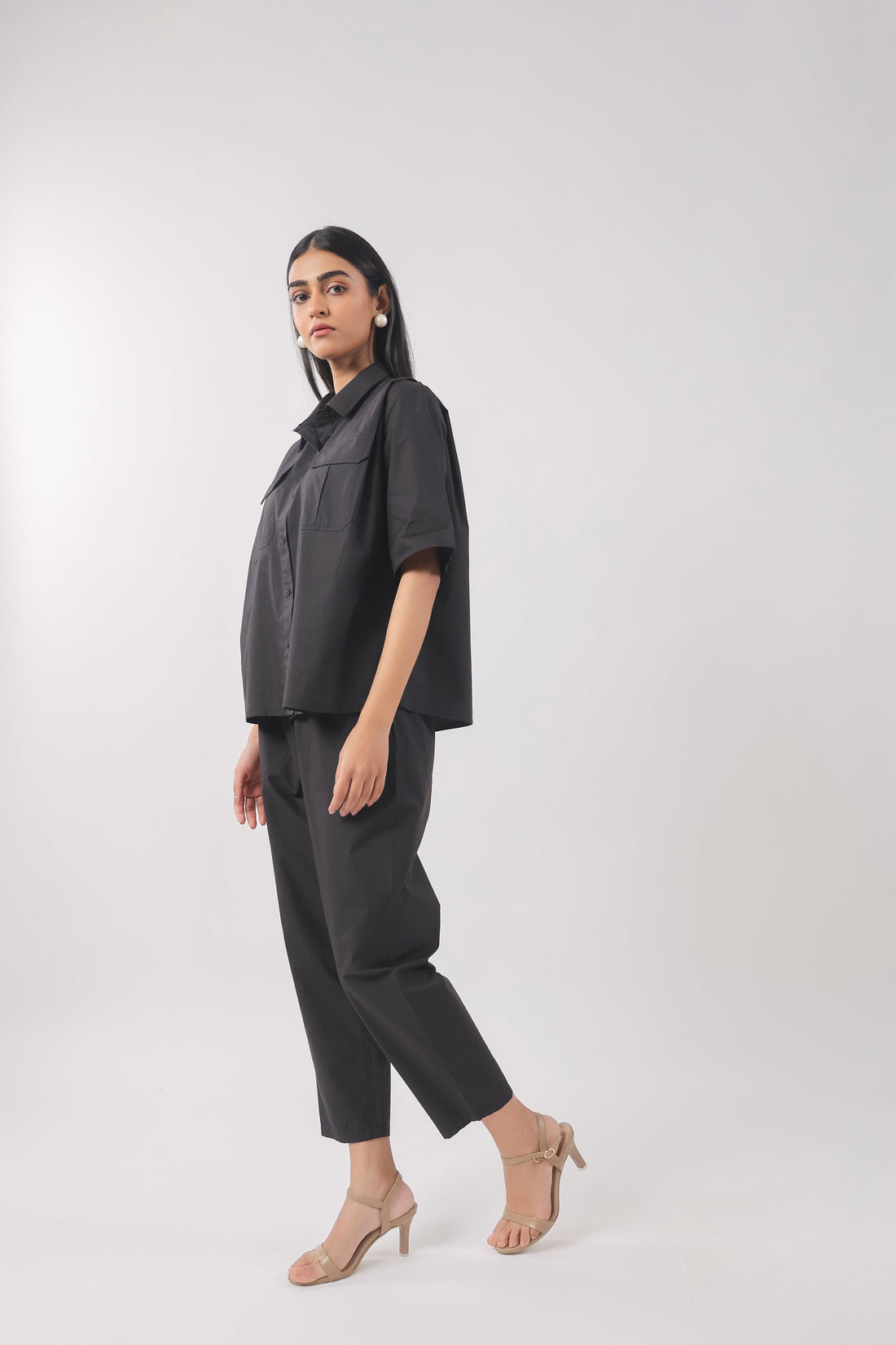 Women Black Solid Cotton Half Sleeve Shirt Collar Co-Ord Set