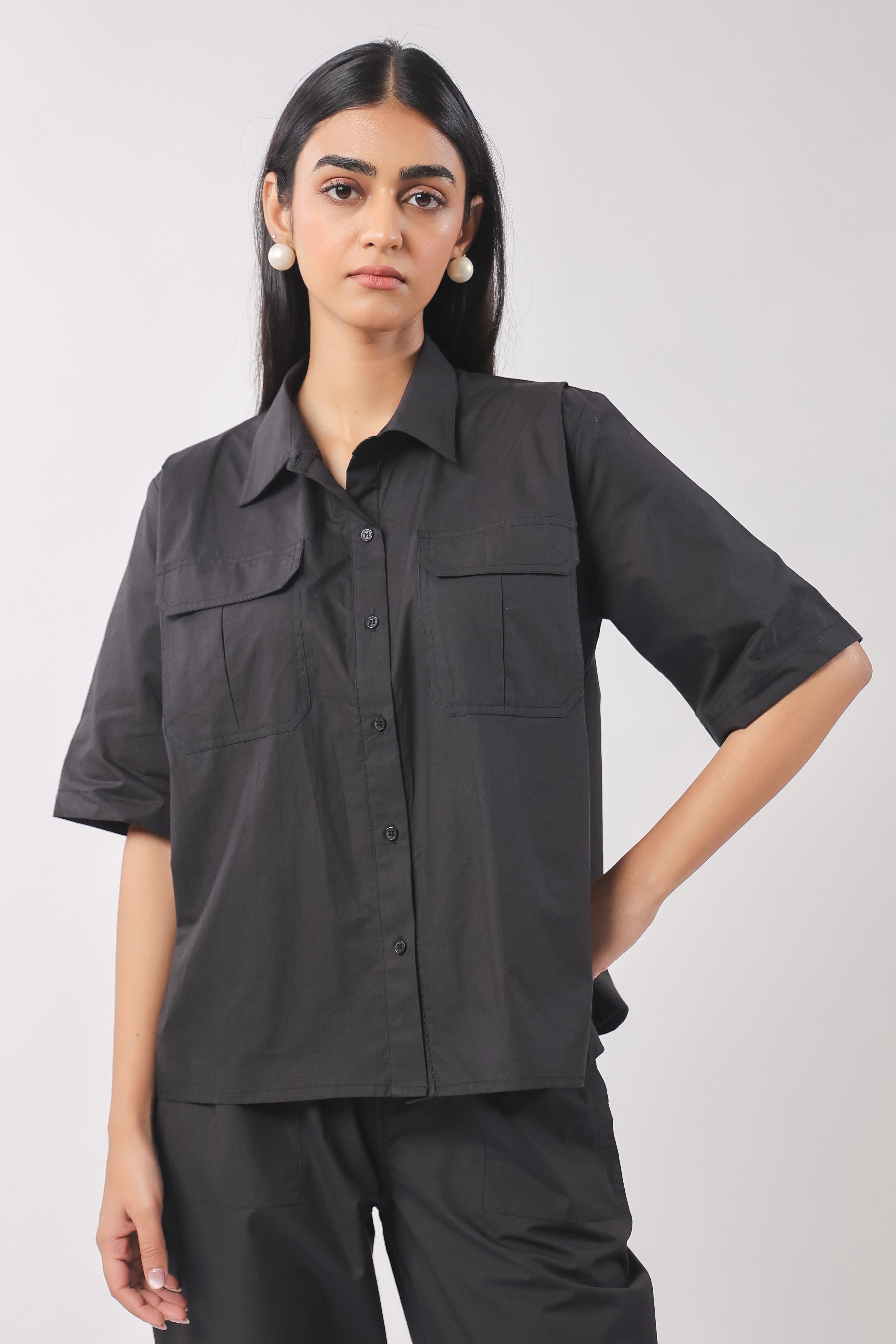 Women Black Solid Cotton Half Sleeve Shirt Collar Co-Ord Set
