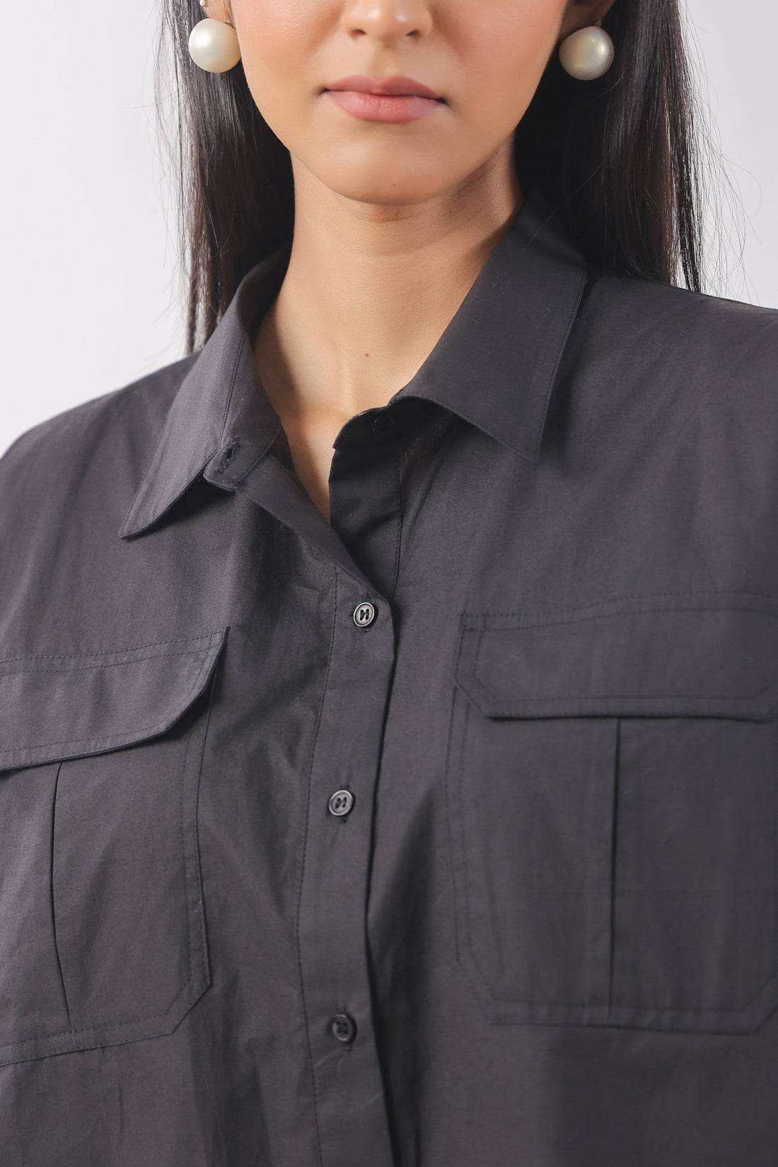 Women Black Solid Cotton Half Sleeve Shirt Collar Co-Ord Set