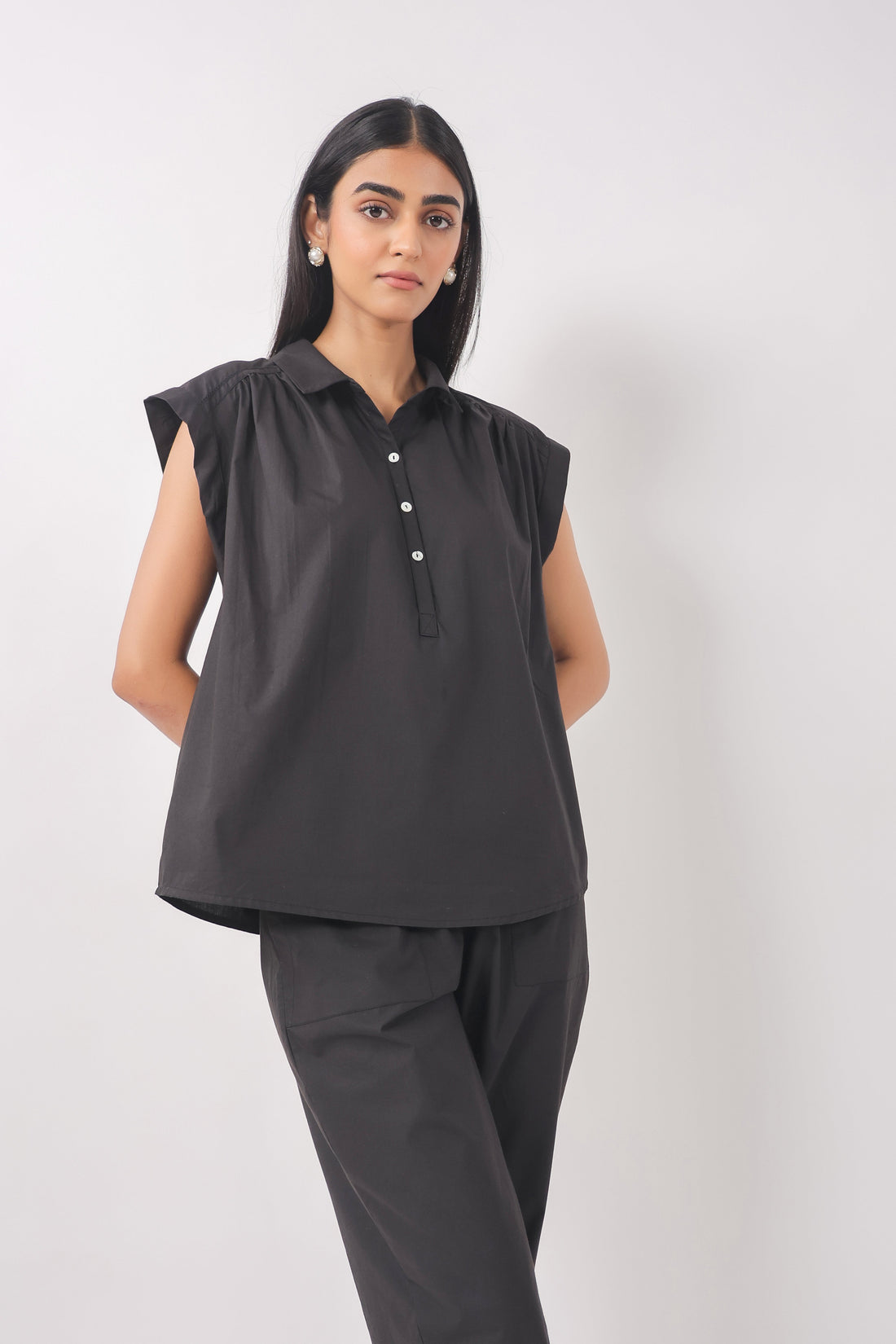 Women’s Black Cotton Top with Black Pants Co-Ord Set
