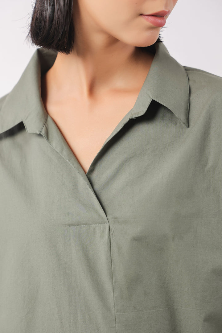 Women Green Solid Cotton 3/4 Sleeve Shirt Collar Co-Ord Set