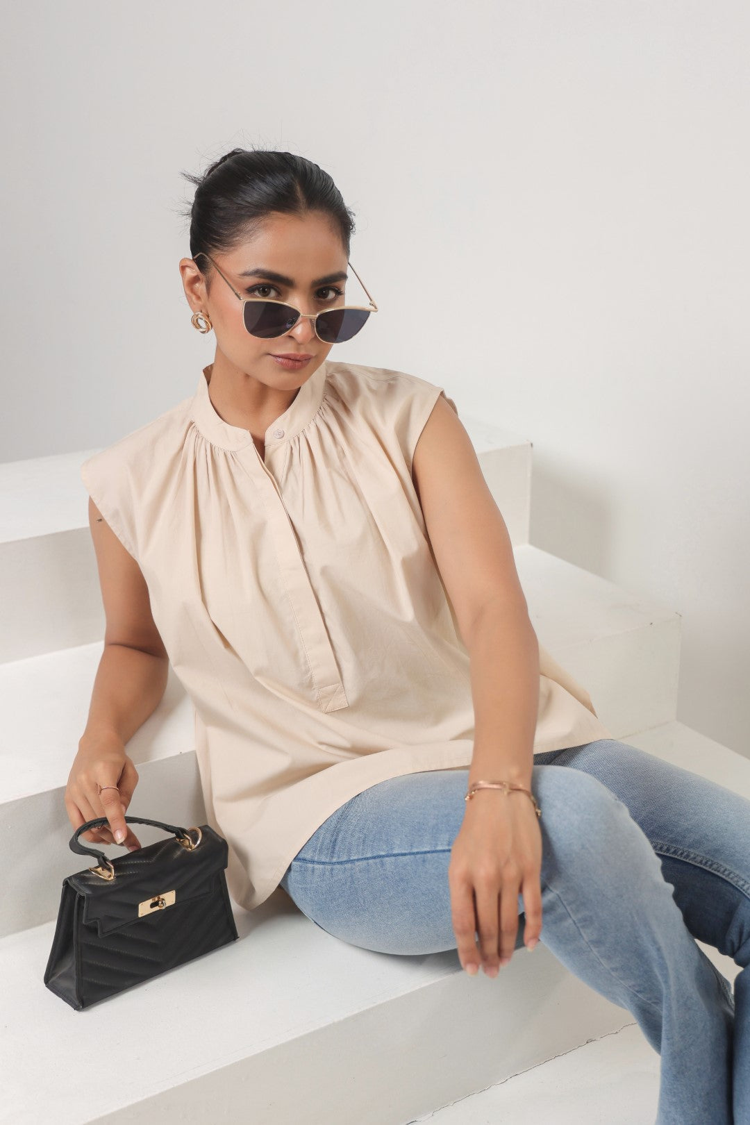 Womens Beige Cotton Top