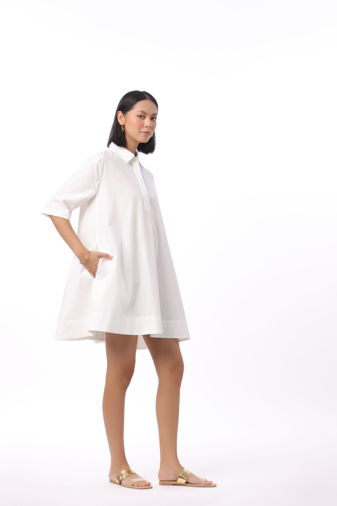 Women's White Solid Cotton Dress