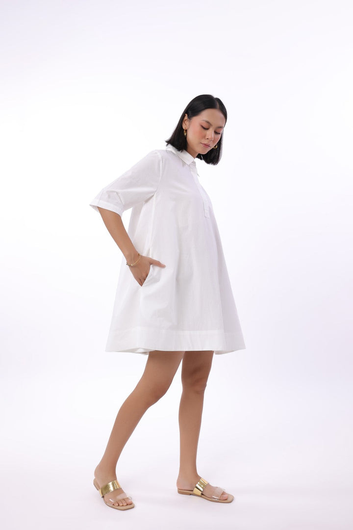 Women's White Solid Cotton Dress