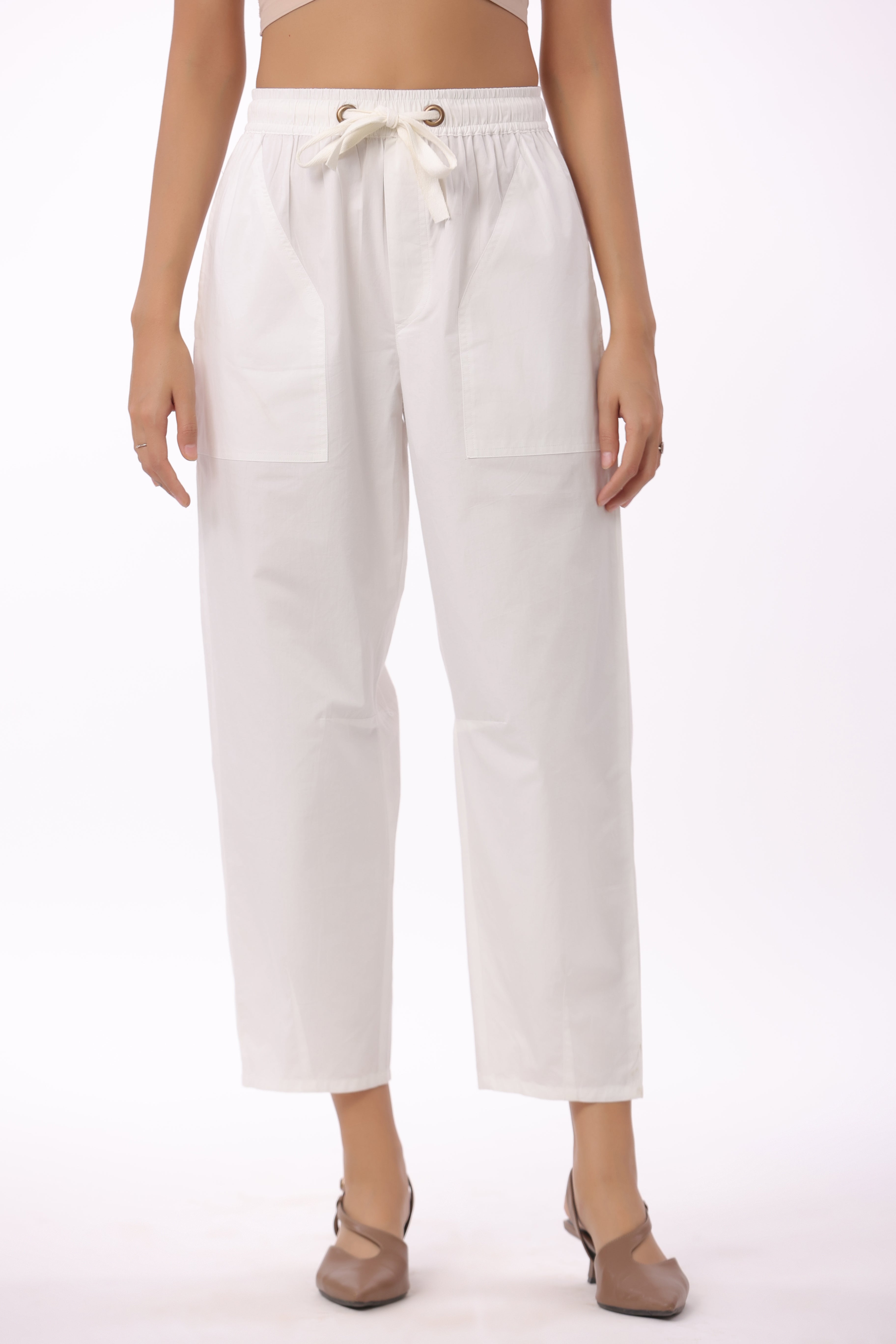 Women’s White Solid Cotton Trouser