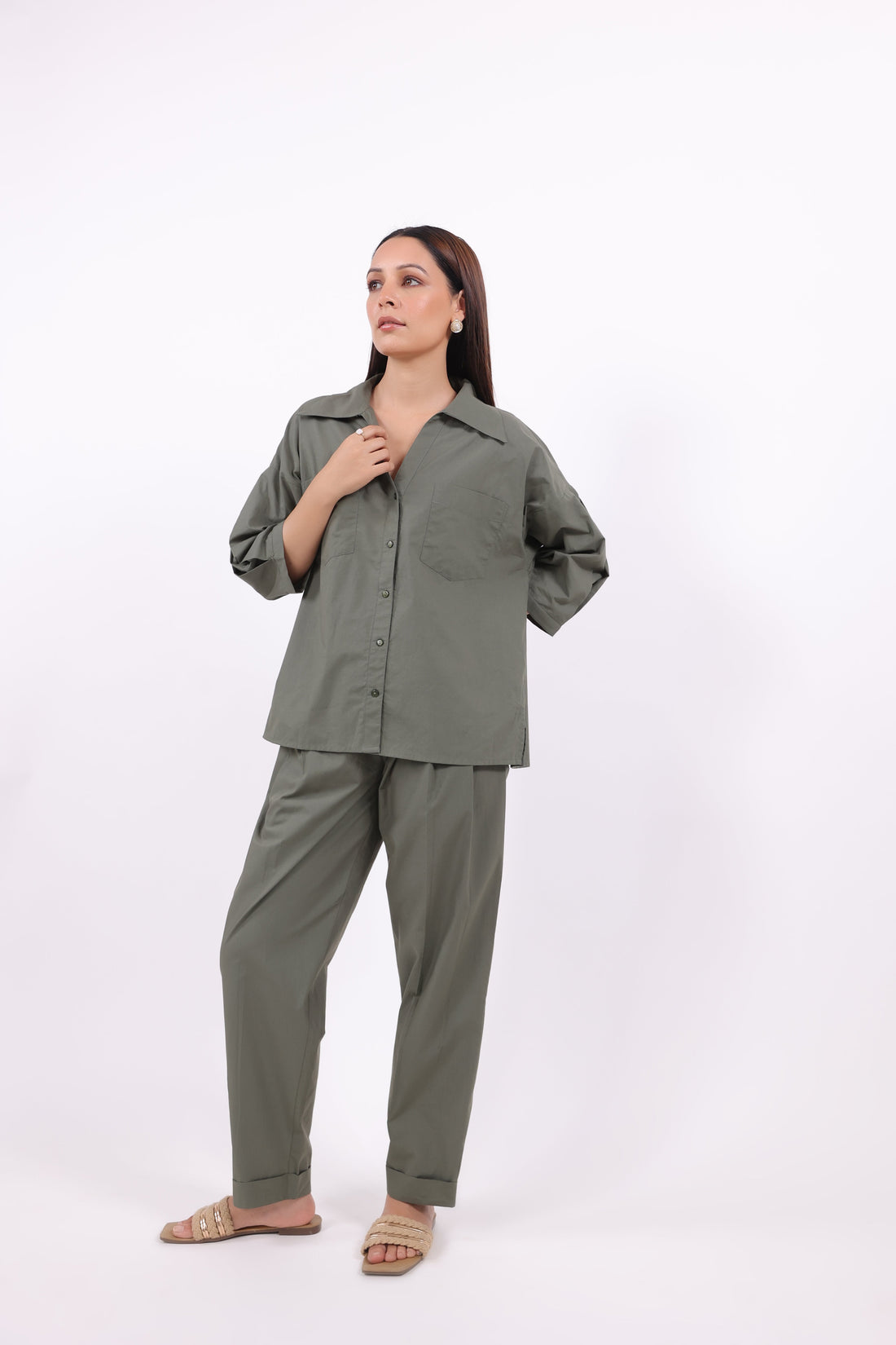 Women’s Green Cotton Shirt with Cotton Pant Co-Ord Set
