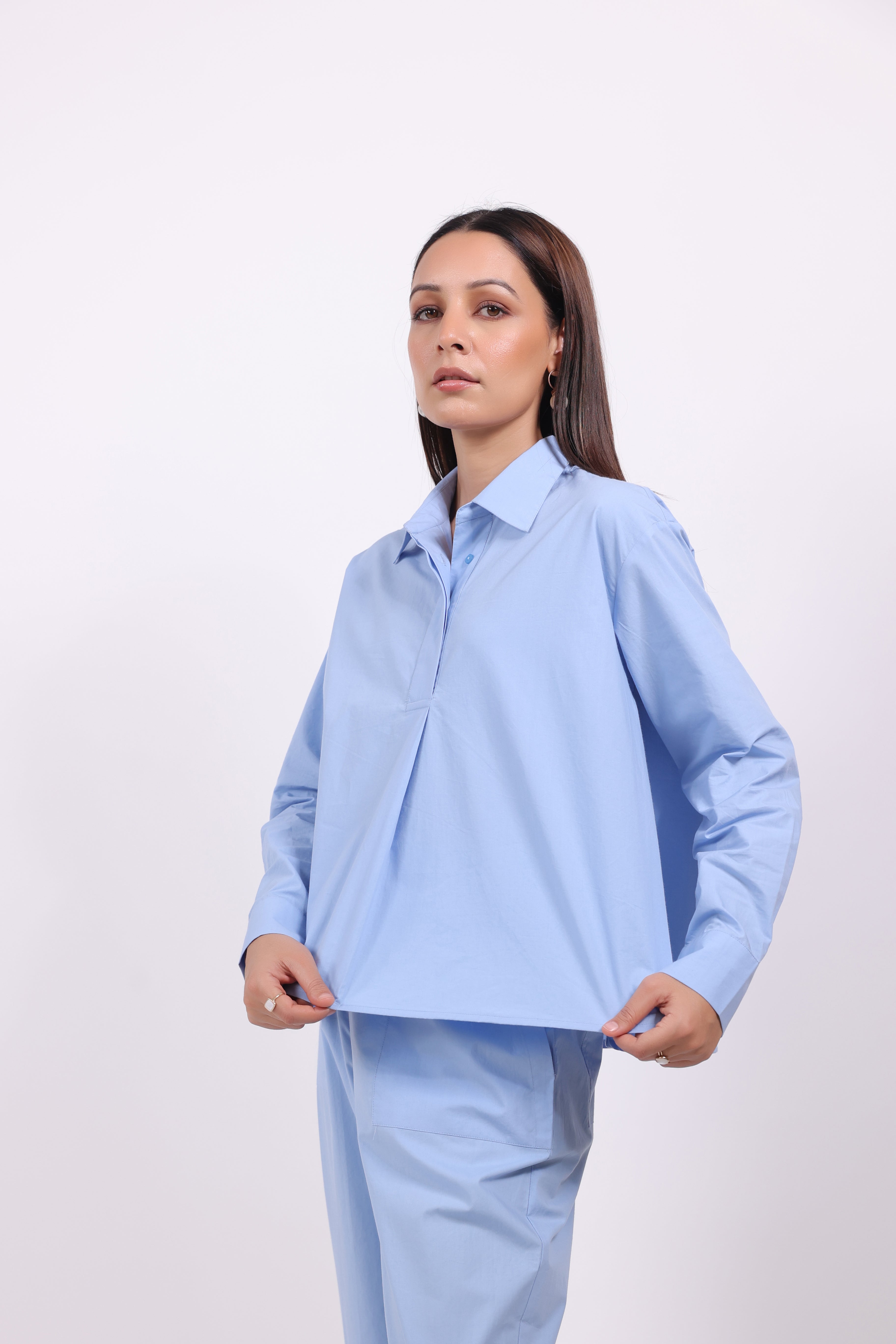 Women Blue Solid Cotton Top