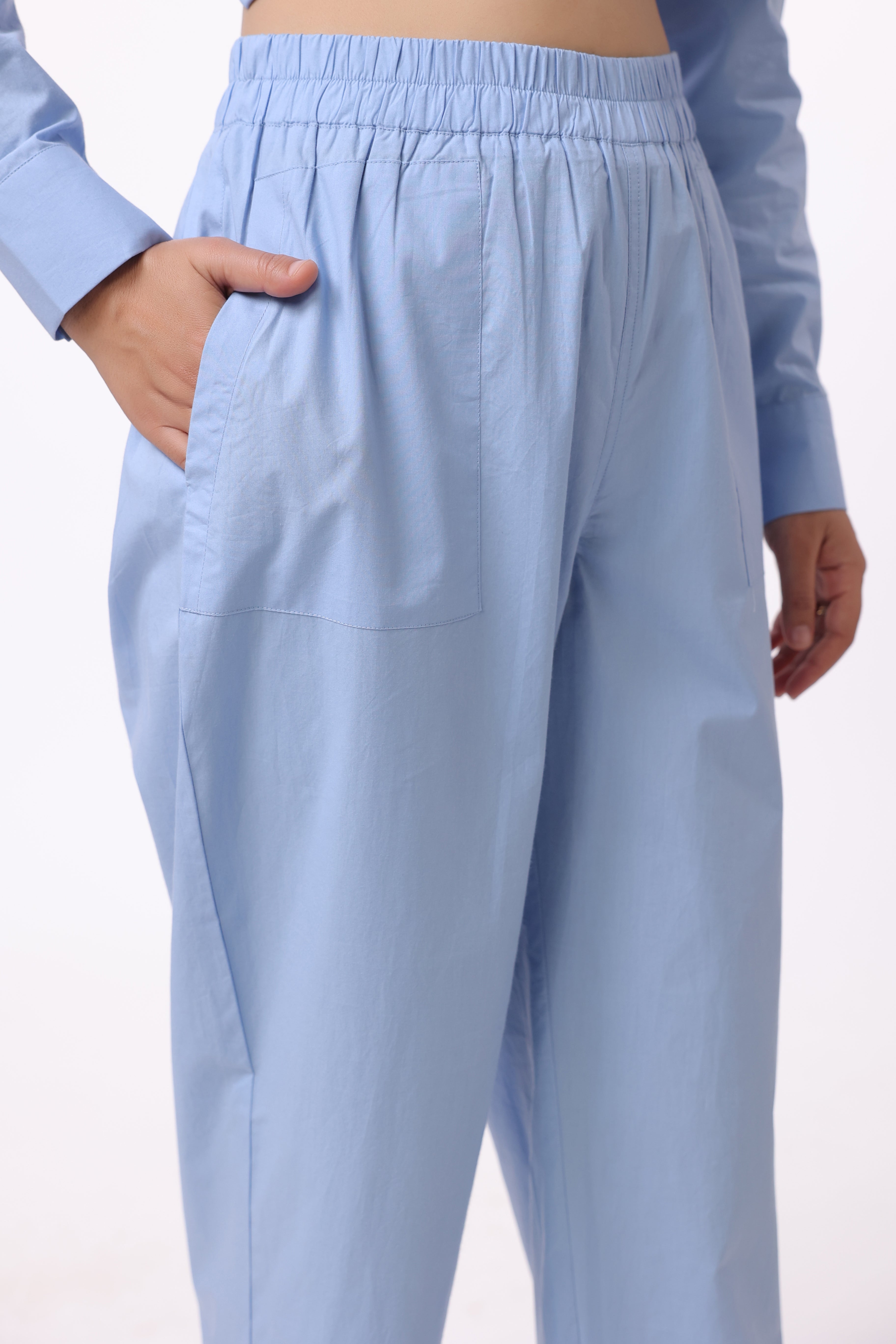 Women Blue Solid Cotton Pant