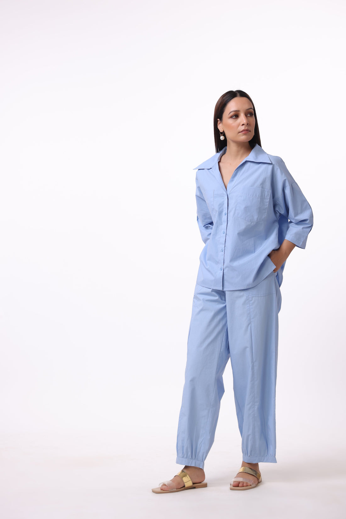 Women’s Blue Cotton Shirt with Cotton Pant Co-Ord Set