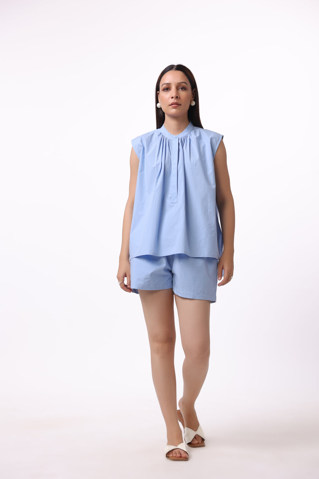 Women’s Blue Cotton Top with Blue Cotton Shorts Co-Ord Set