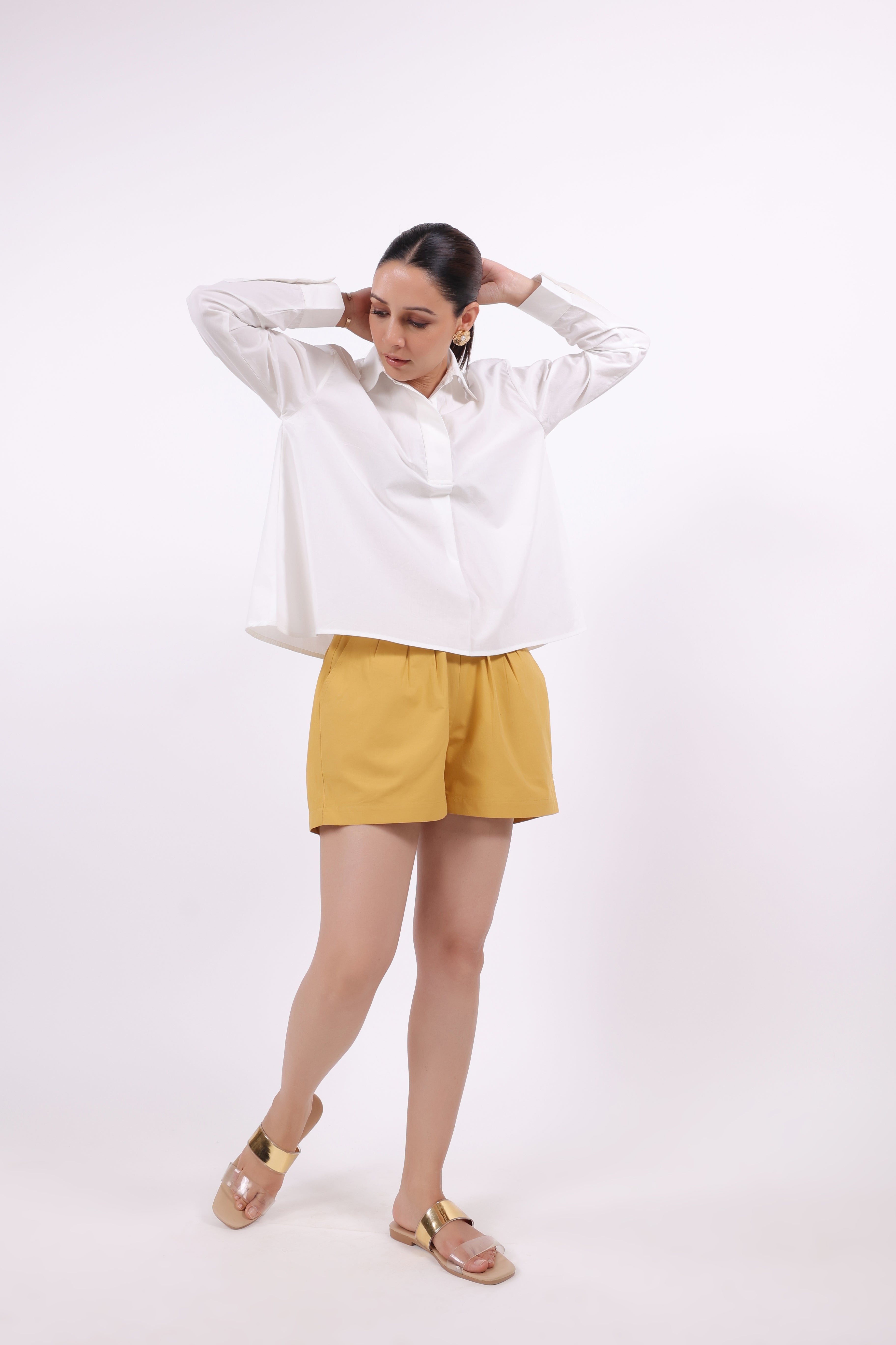 Women White Solid Cotton Top & Short Co-Ord Set