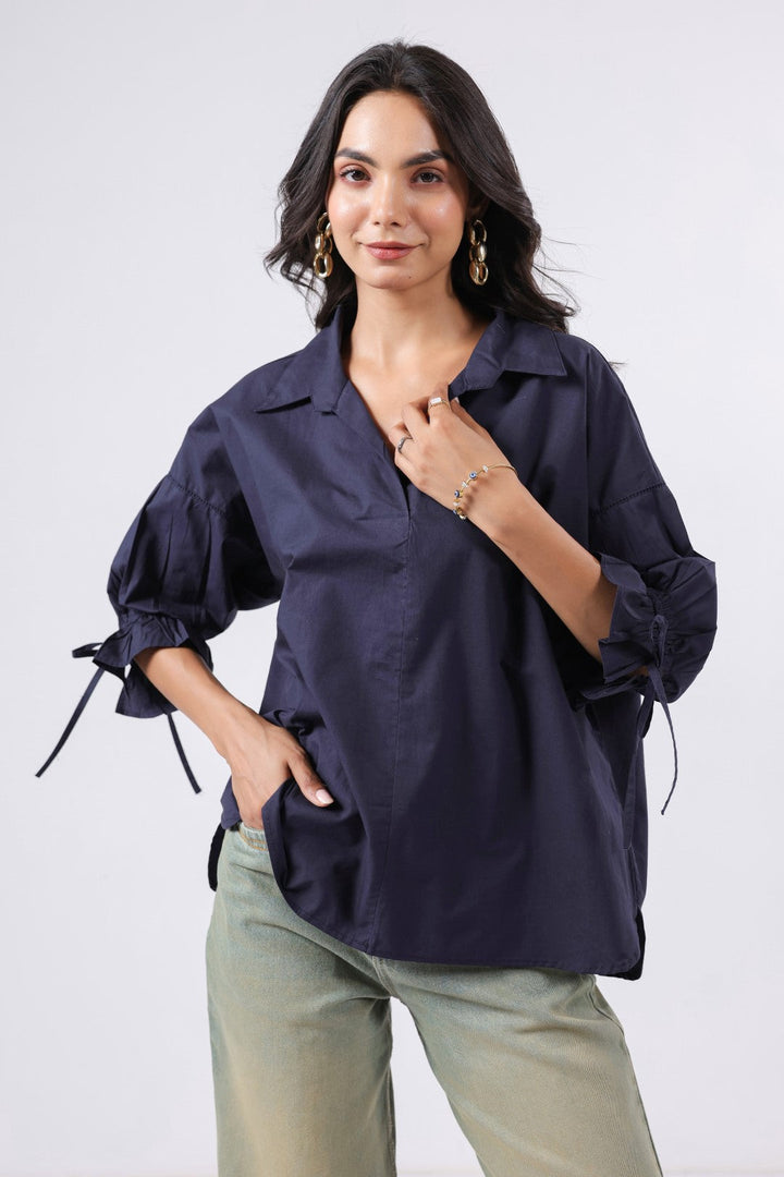Women’s Navy Cotton Poplin Top