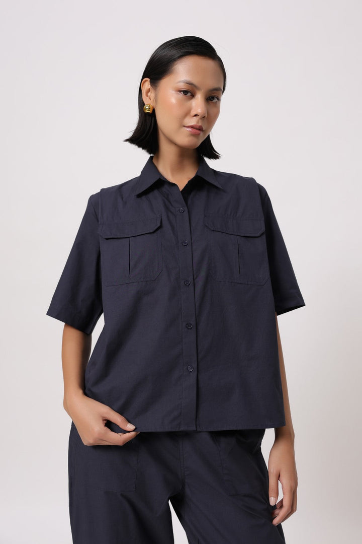 Women’s Navy Cotton Poplin Top