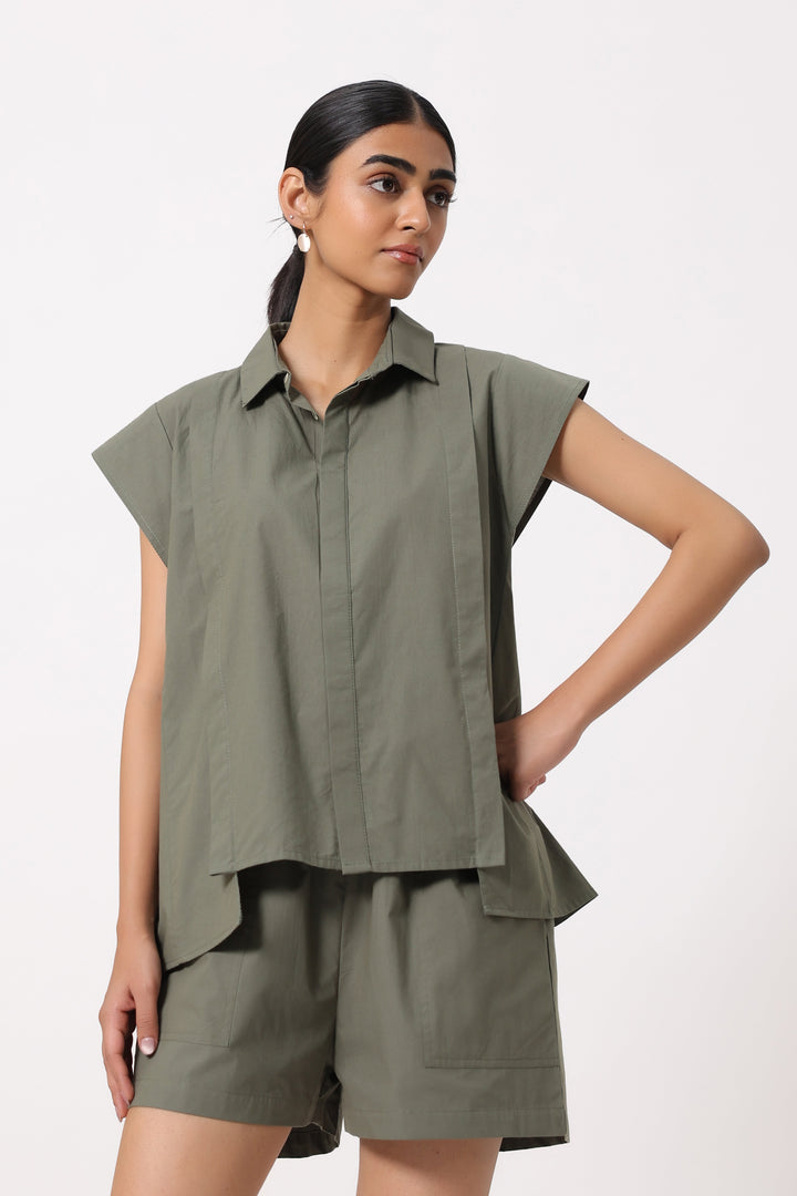 Women Khaki Green Solid Cotton Short Sleeve Shirt Collar Co-Ord Set