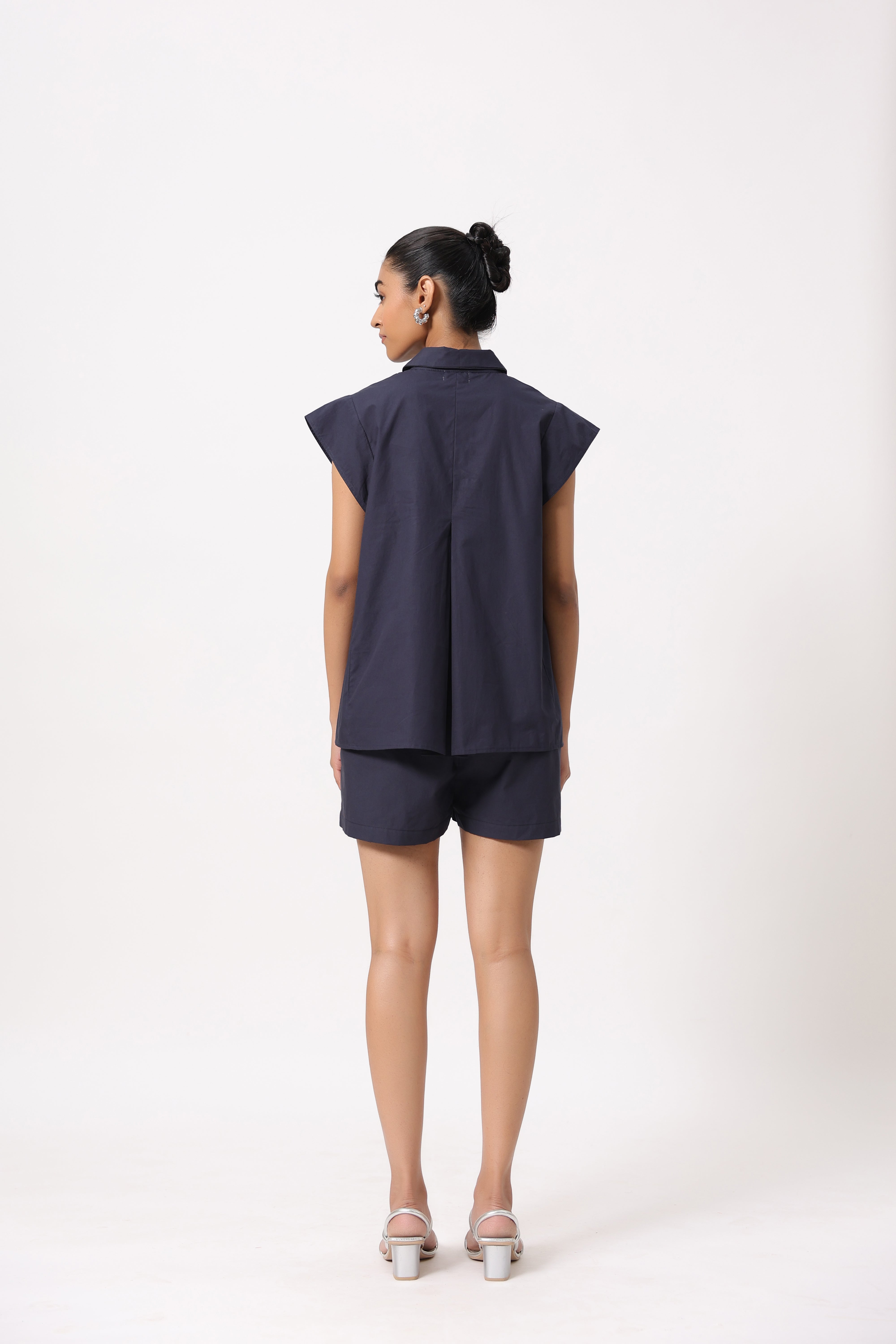 Women Navy Solid Cotton Short Sleeve Shirt Collar Co-Ord Set