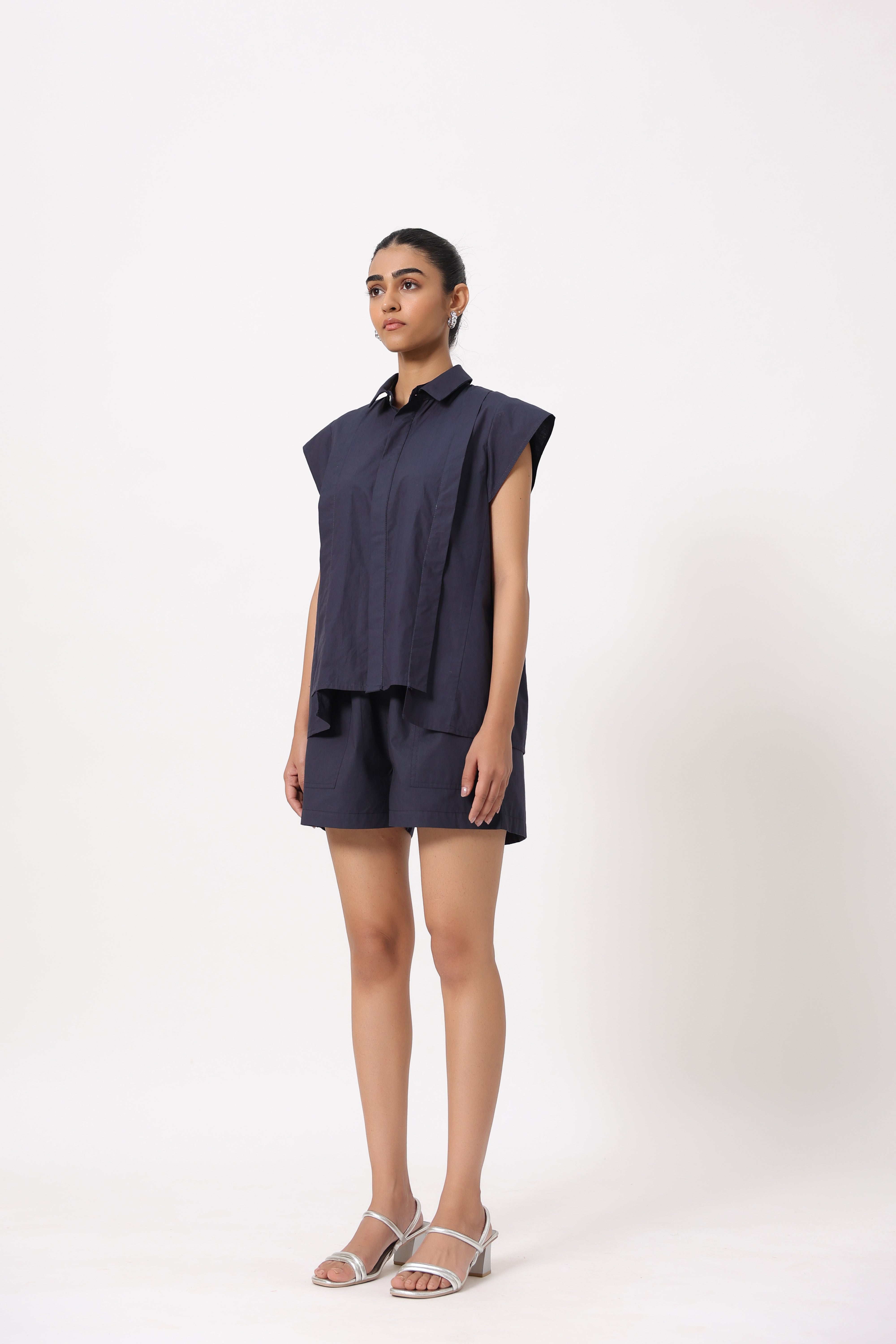 Women Navy Solid Cotton Short Sleeve Shirt Collar Co-Ord Set