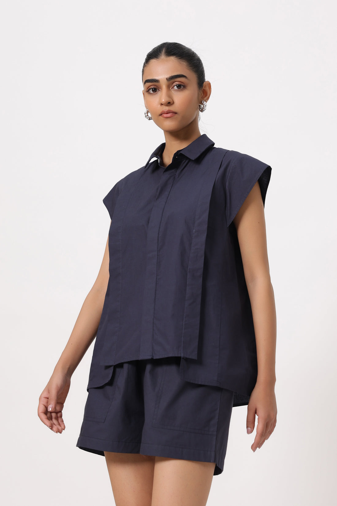 Women Navy Solid Cotton Short Sleeve Shirt Collar Co-Ord Set