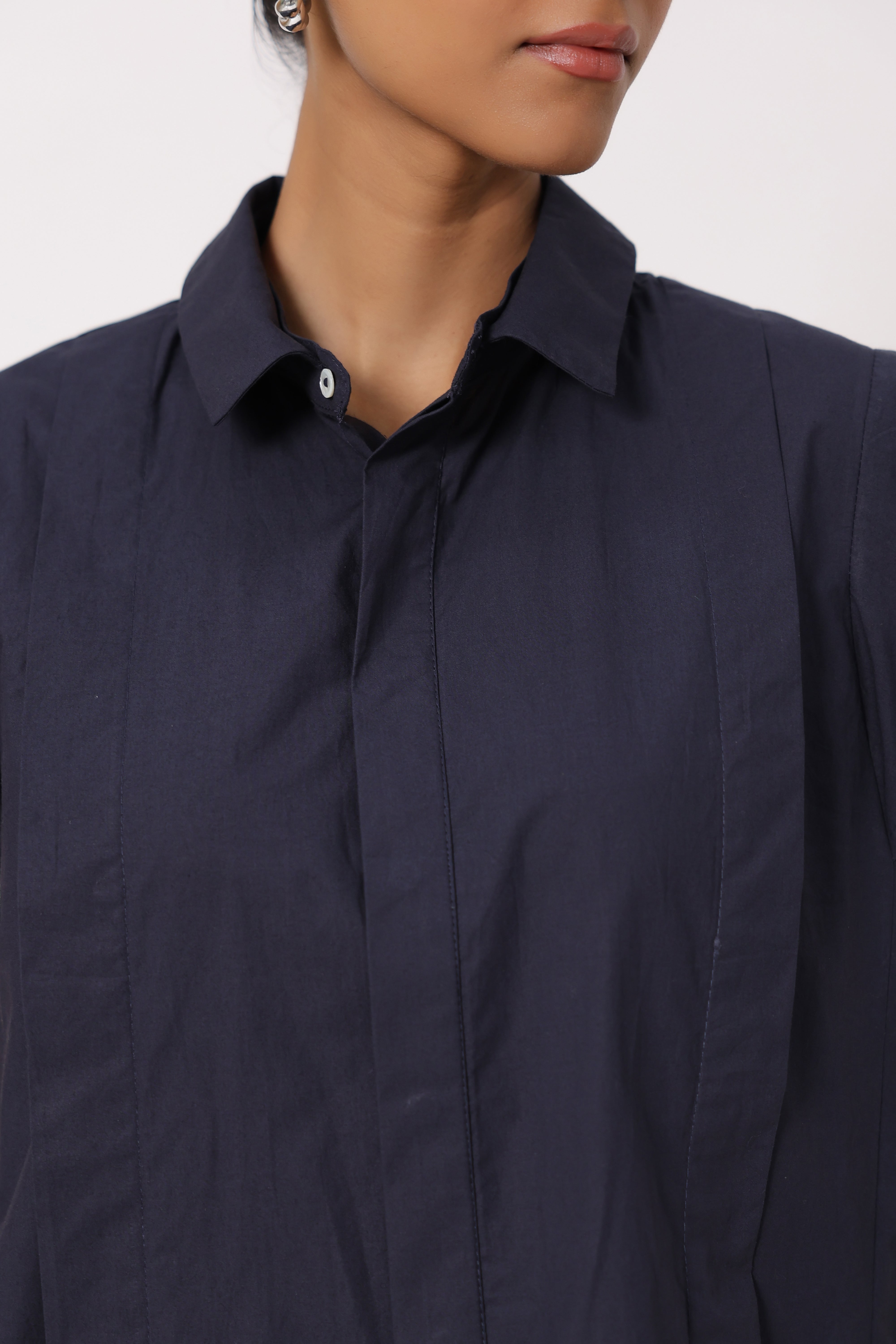 Women Navy Solid Cotton Short Sleeve Shirt Collar Co-Ord Set