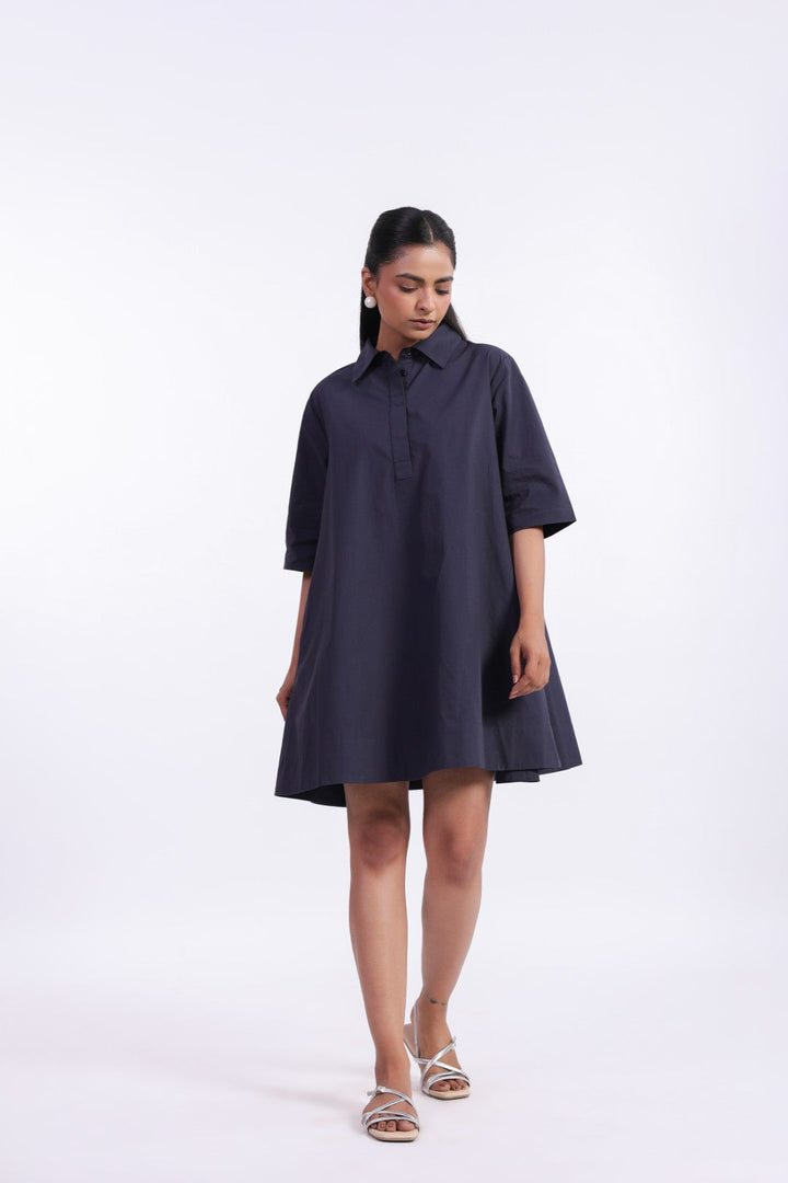 Women's Navy Solid Cotton Dress