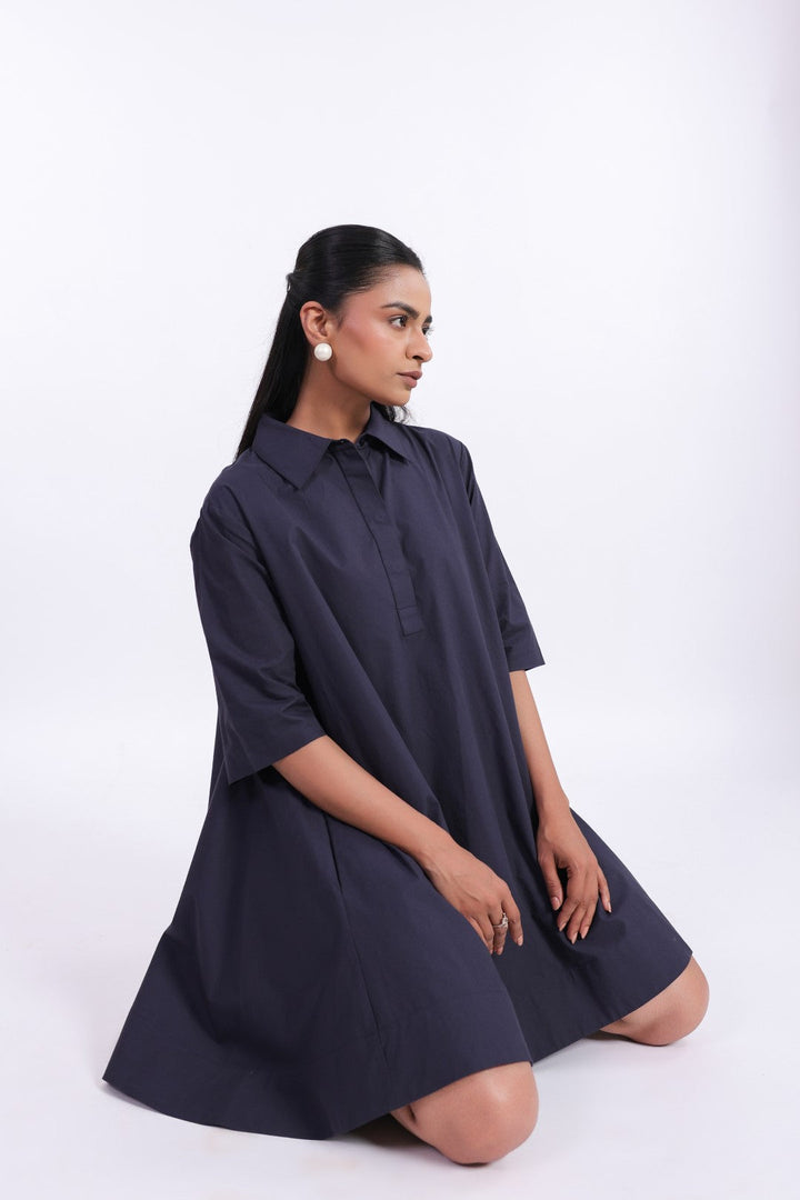 Women's Navy Solid Cotton Dress