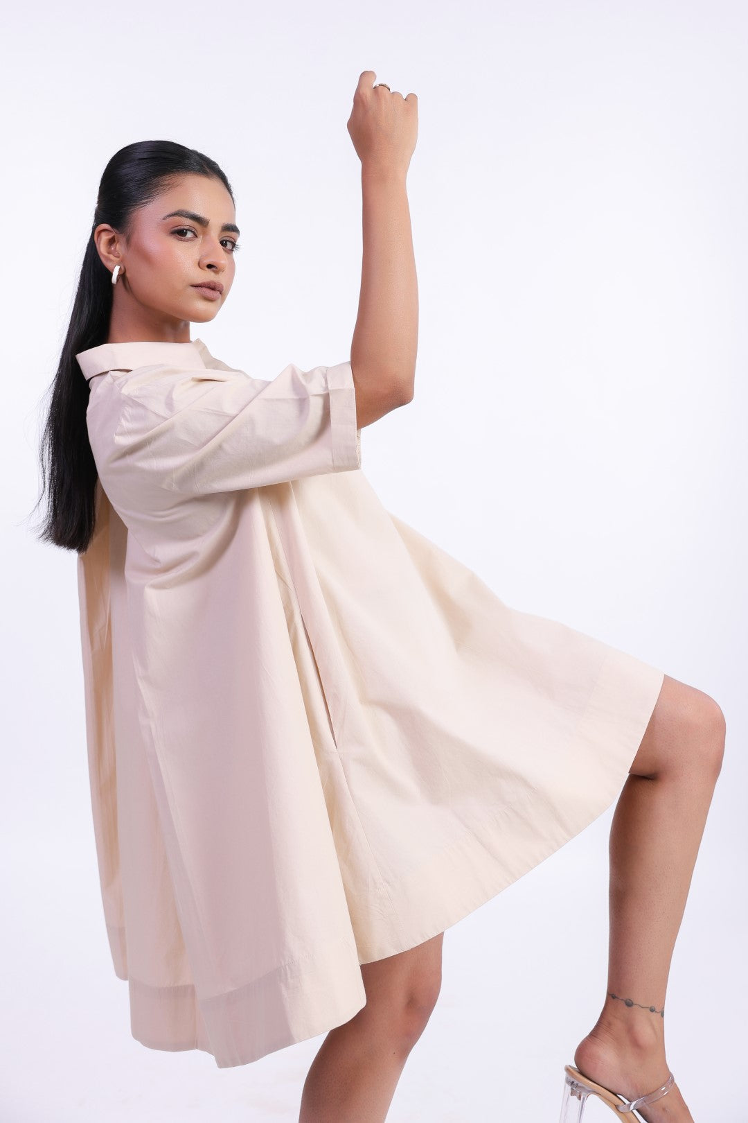 Women's Beige Solid Cotton Dress
