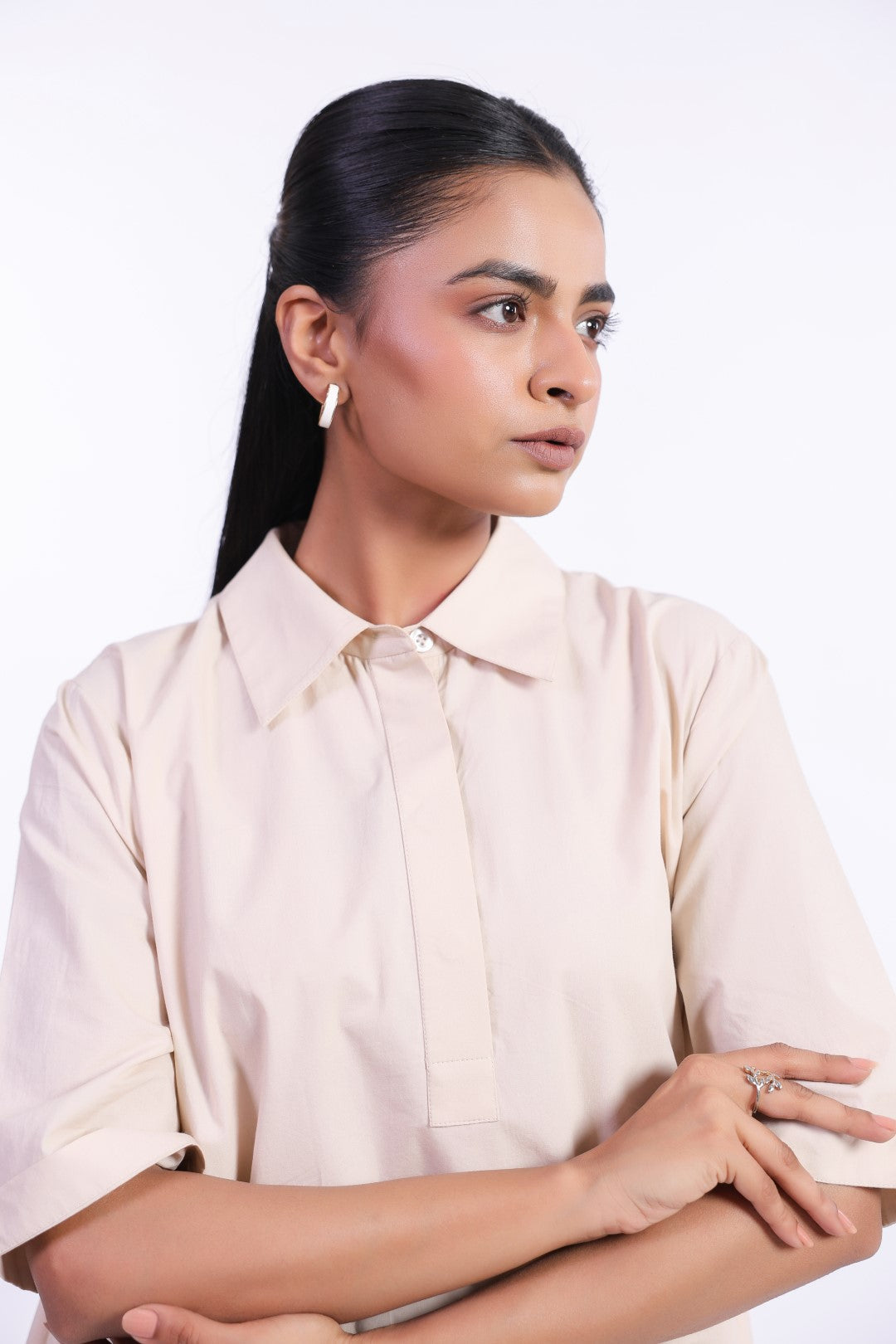 Women's Beige Solid Cotton Dress